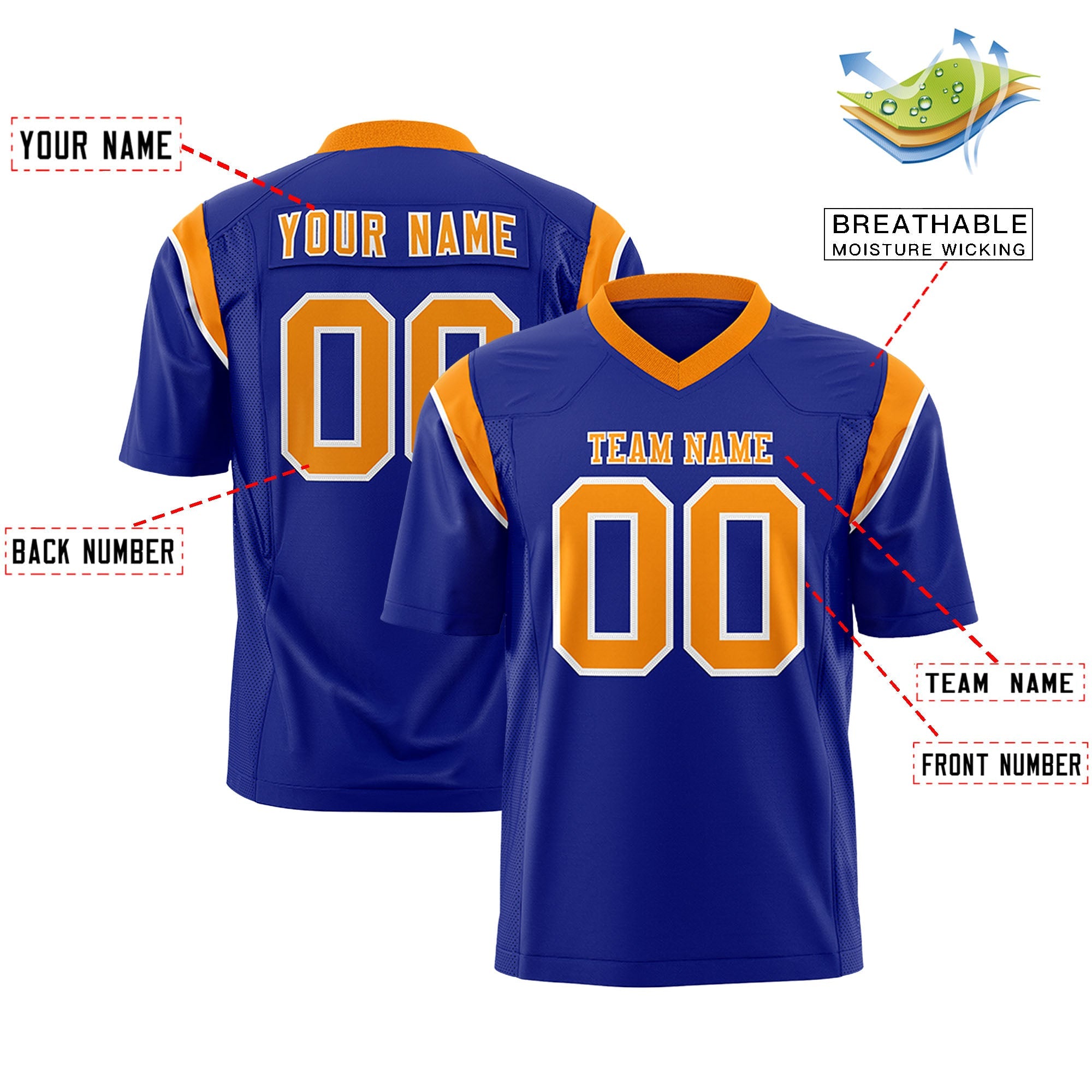 Custom Flag Football Jersey | Royal Orange Color Block For Youth & Men | Add Name, Number & Logo | KXKSHOP