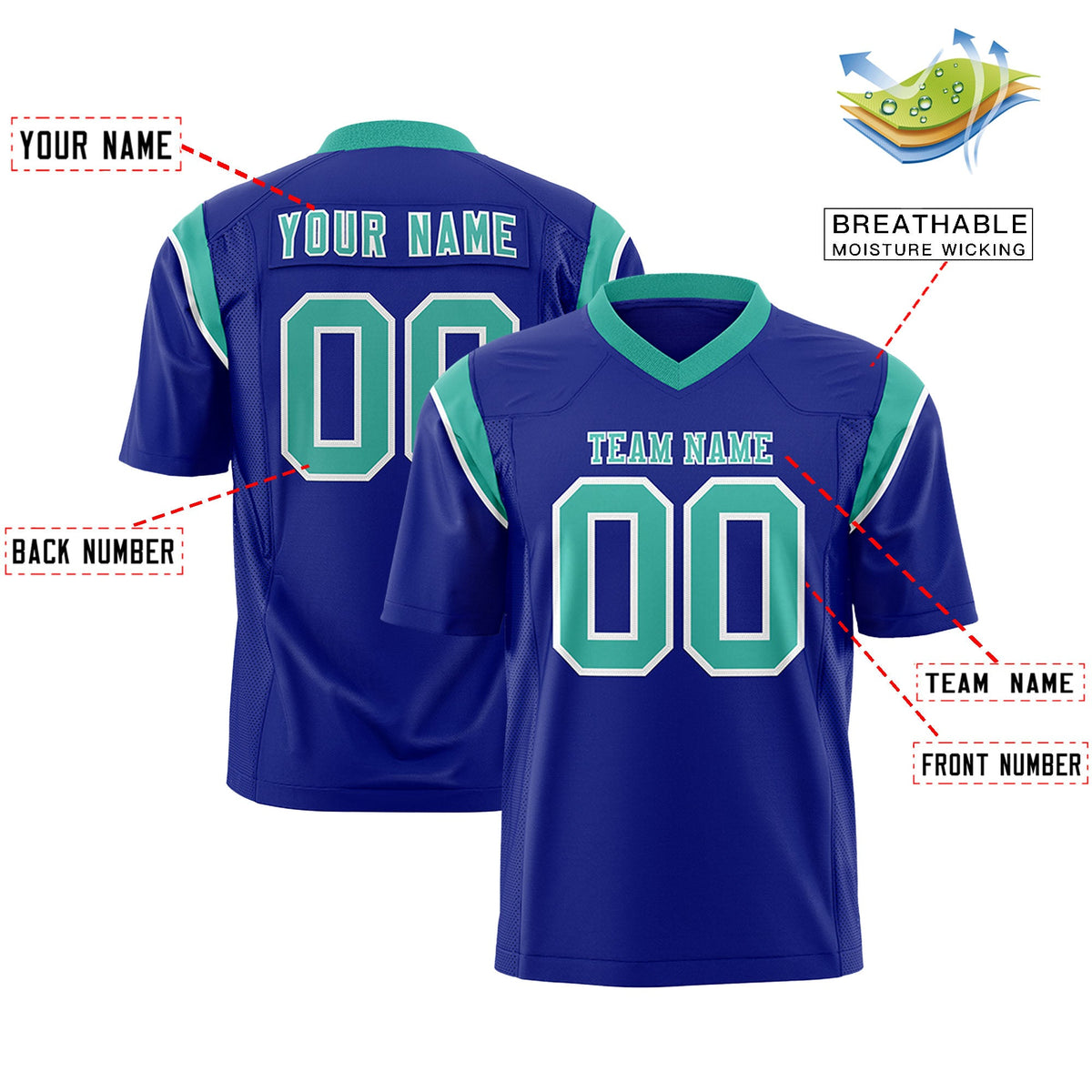 Custom Flag Football Jersey | Royal Aqua Color Block For Youth &amp; Men | Add Name, Number &amp; Logo | KXKSHOP