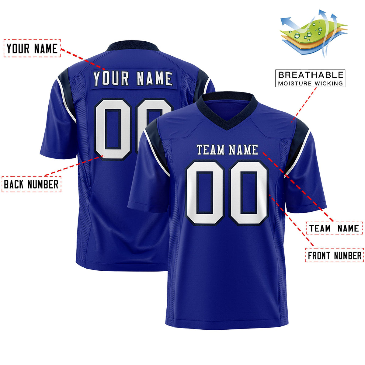 Custom Flag Football Jersey | Royal Black Color Block For Youth &amp; Men | Add Name, Number &amp; Logo | KXKSHOP