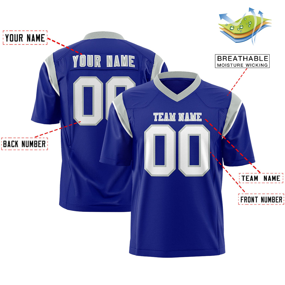 Custom Flag Football Jersey | Royal White Color Block For Youth &amp; Men | Add Name, Number &amp; Logo | KXKSHOP