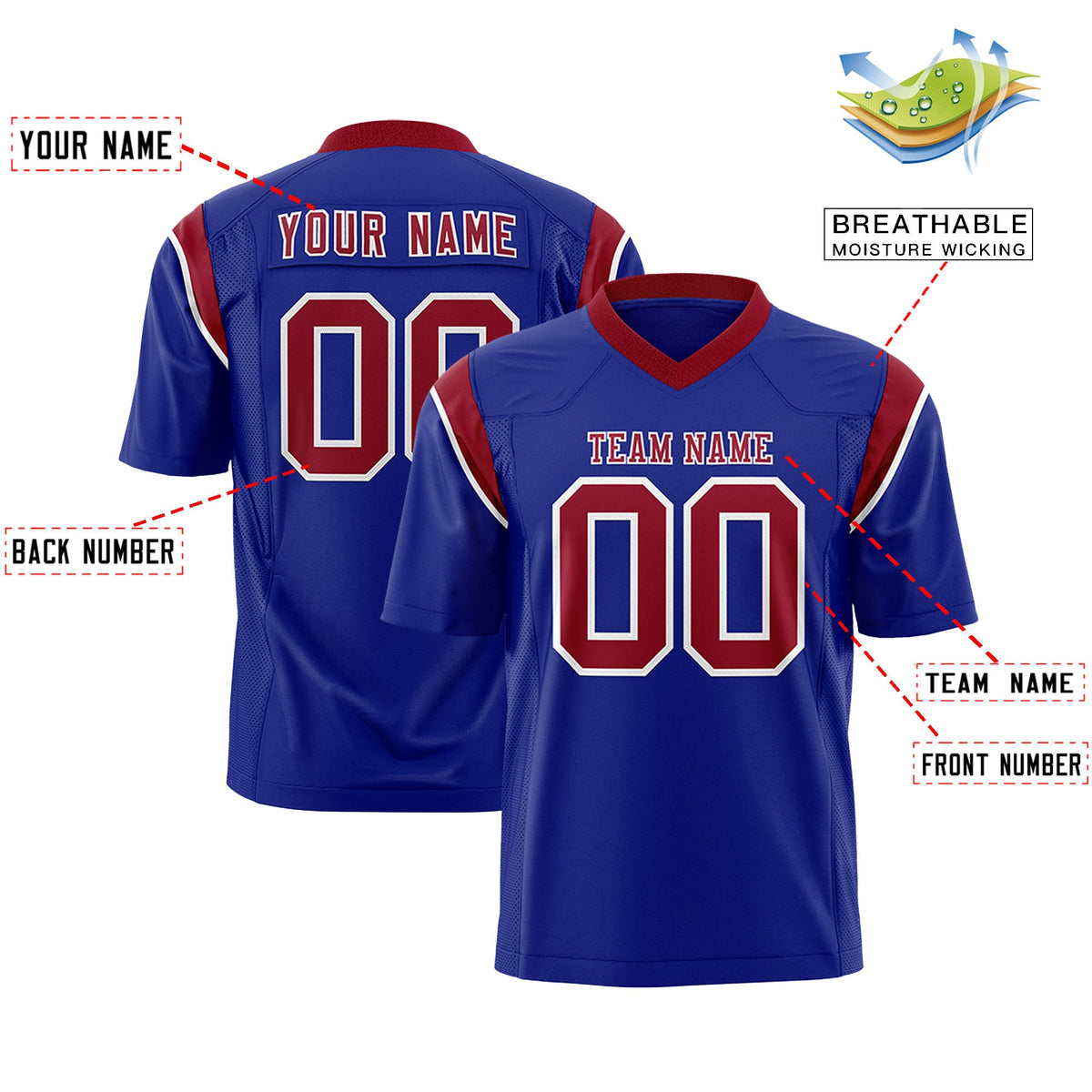 Custom Flag Football Jersey | Royal Cardinal Color Block For Youth &amp; Men | Add Name, Number &amp; Logo | KXKSHOP
