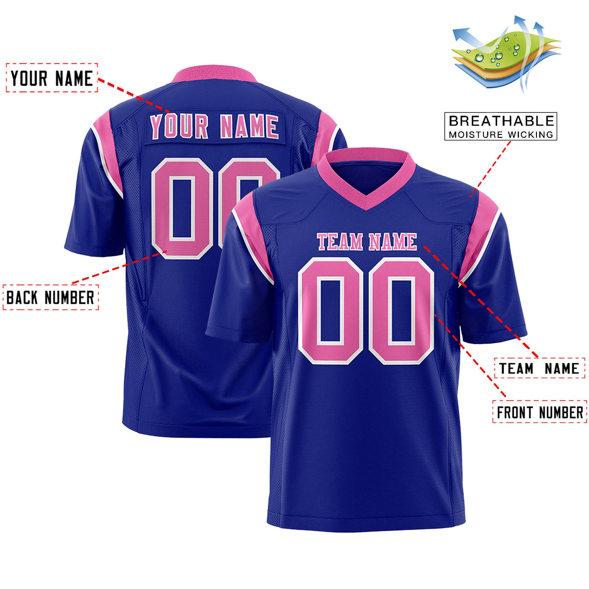 Custom Flag Football Jersey | Royal Pink Color Block For Youth &amp; Men | Add Name, Number &amp; Logo | KXKSHOP