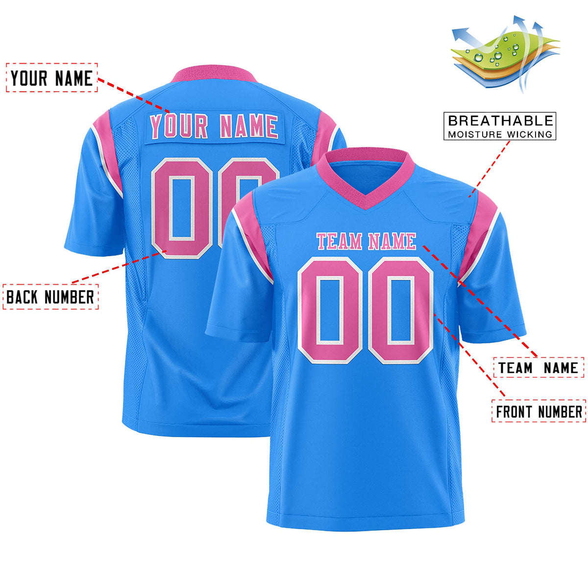 Custom Flag Football Jersey | Powder Blue Pink Color Block For Youth &amp; Men | Add Name, Number &amp; Logo | KXKSHOP