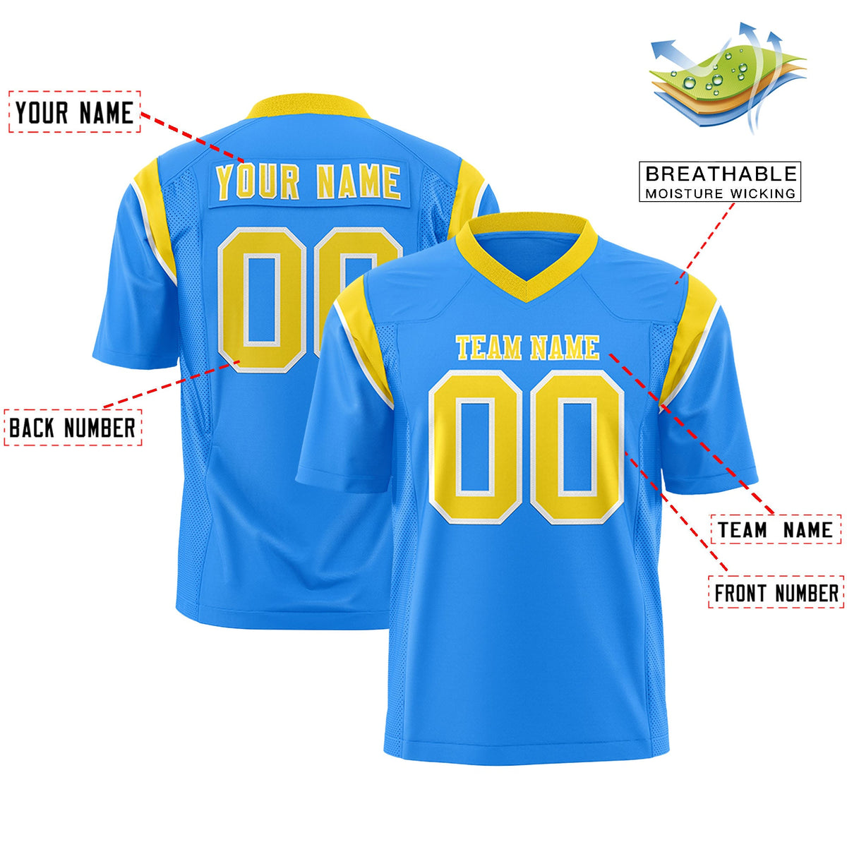 Custom Flag Football Jersey | Powder Blue Gold Color Block For Youth &amp; Men | Add Name, Number &amp; Logo | KXKSHOP