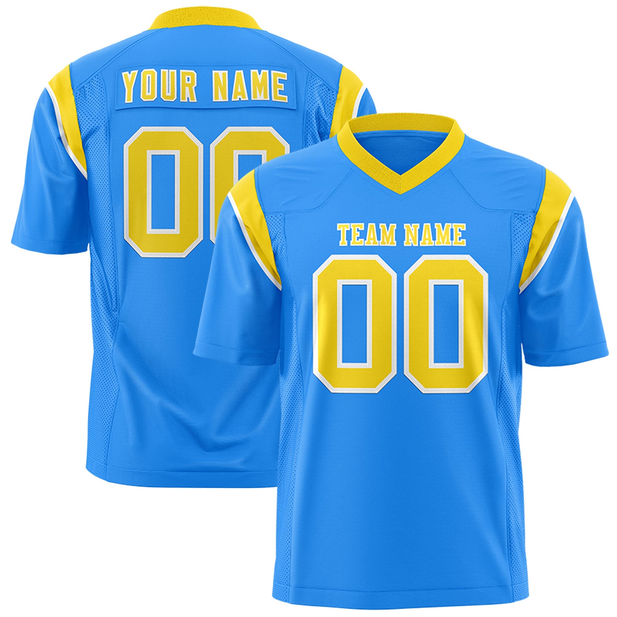 Custom Flag Football Jersey | Powder Blue Gold Color Block For Youth & Men | Add Name, Number & Logo | KXKSHOP