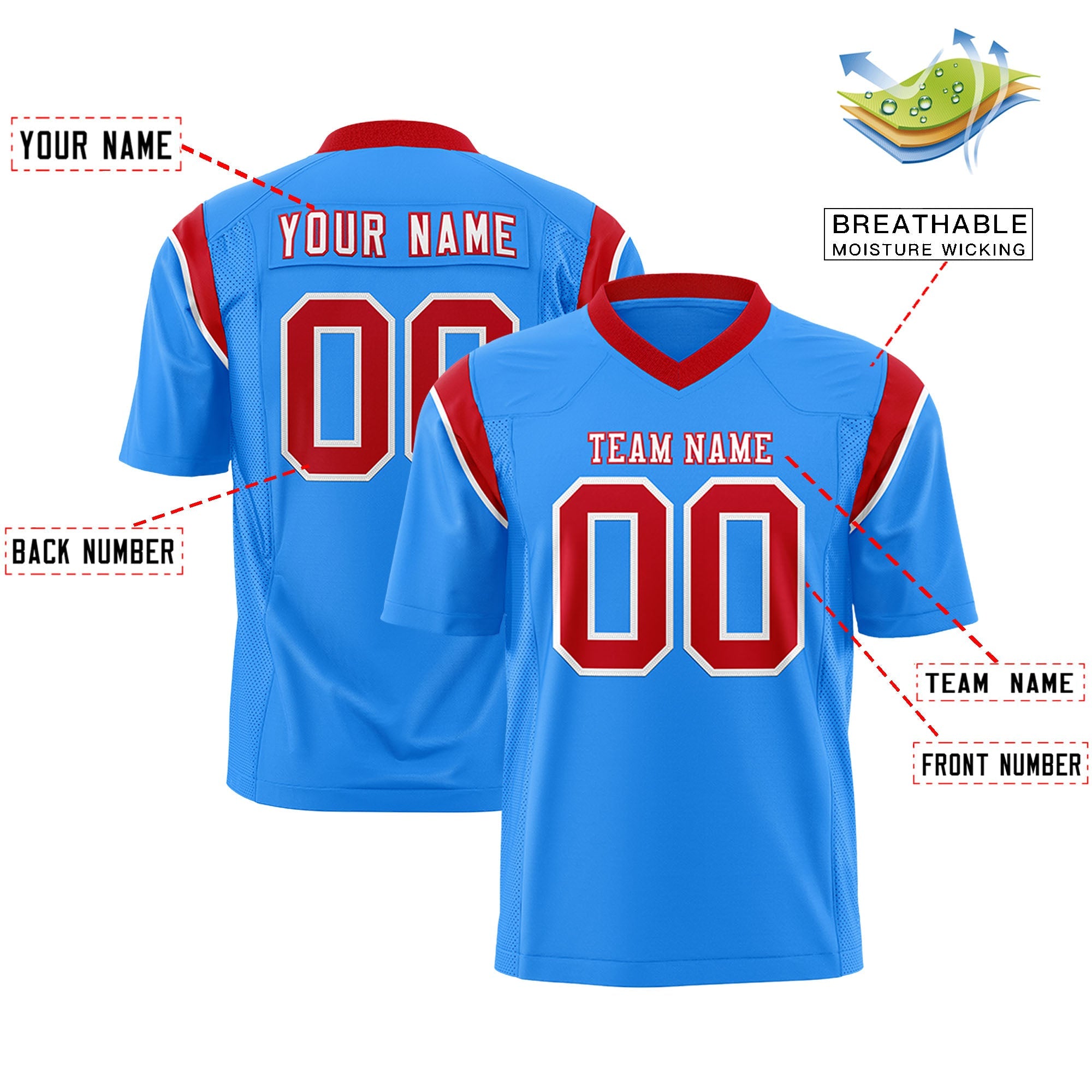 Custom Flag Football Jersey | Powder Blue Red Color Block For Youth & Men | Add Name, Number & Logo | KXKSHOP
