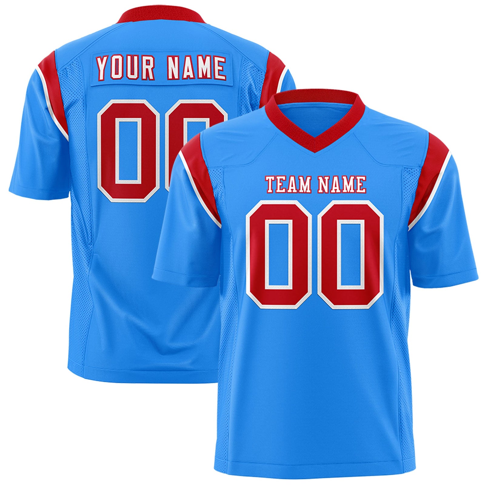 Custom Flag Football Jersey | Powder Blue Red Color Block For Youth & Men | Add Name, Number & Logo | KXKSHOP