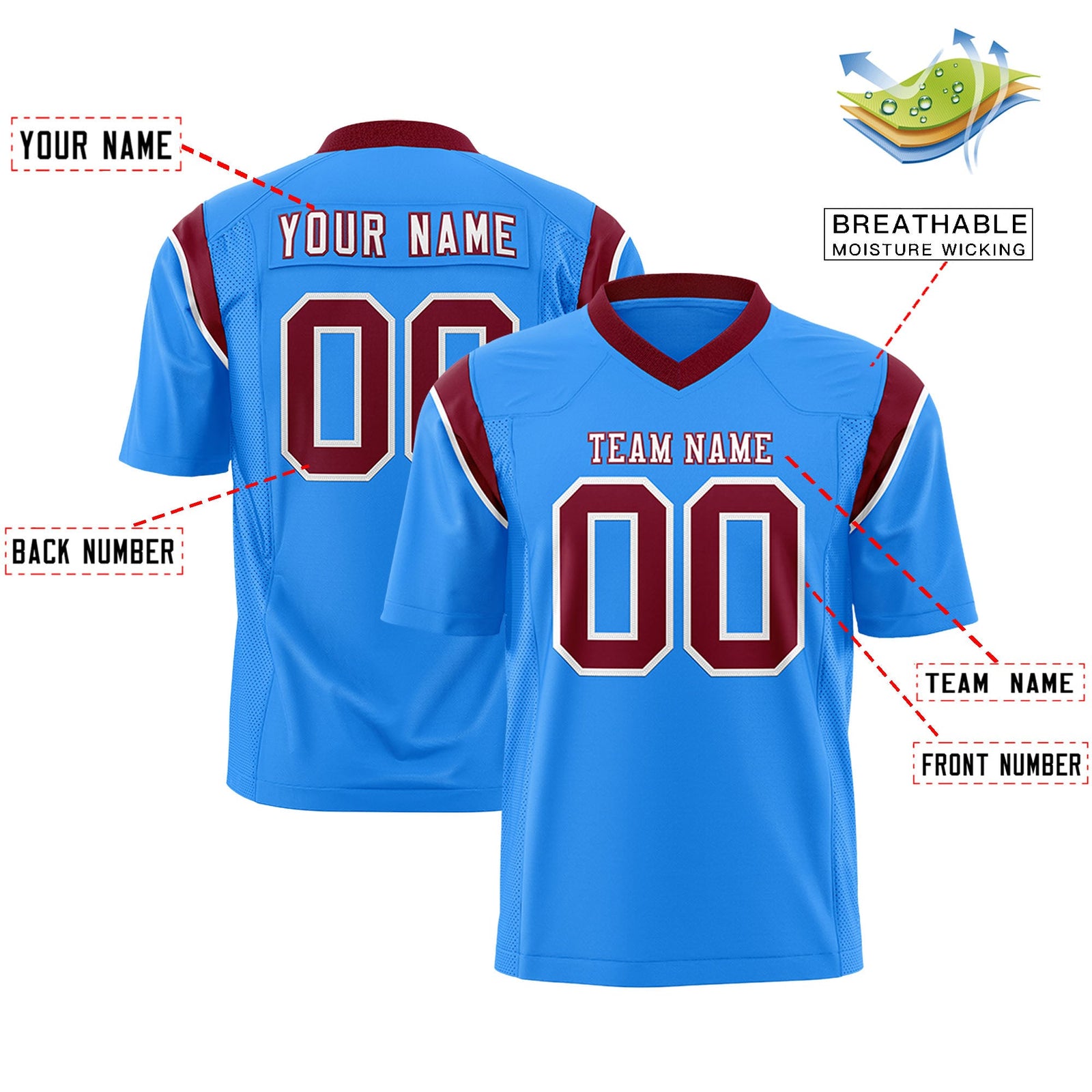 Custom Flag Football Jersey | Powder Blue Crimson Color Block For Youth & Men | Add Name, Number & Logo | KXKSHOP
