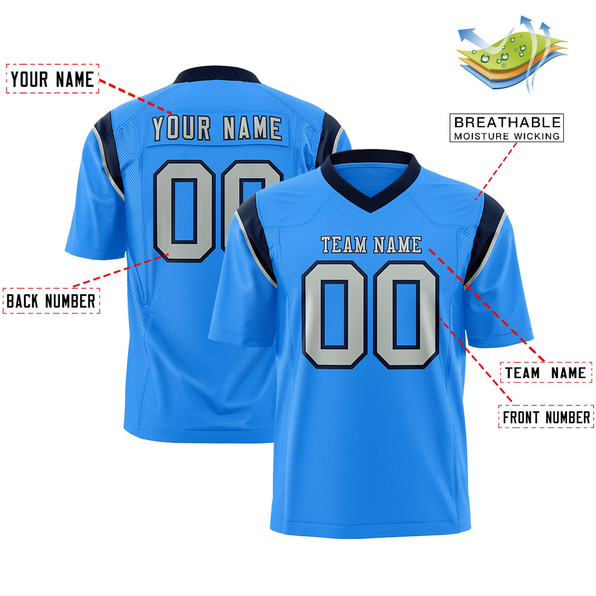 Custom Flag Football Jersey | Powder Blue Gray Color Block For Youth &amp; Men | Add Name, Number &amp; Logo | KXKSHOP