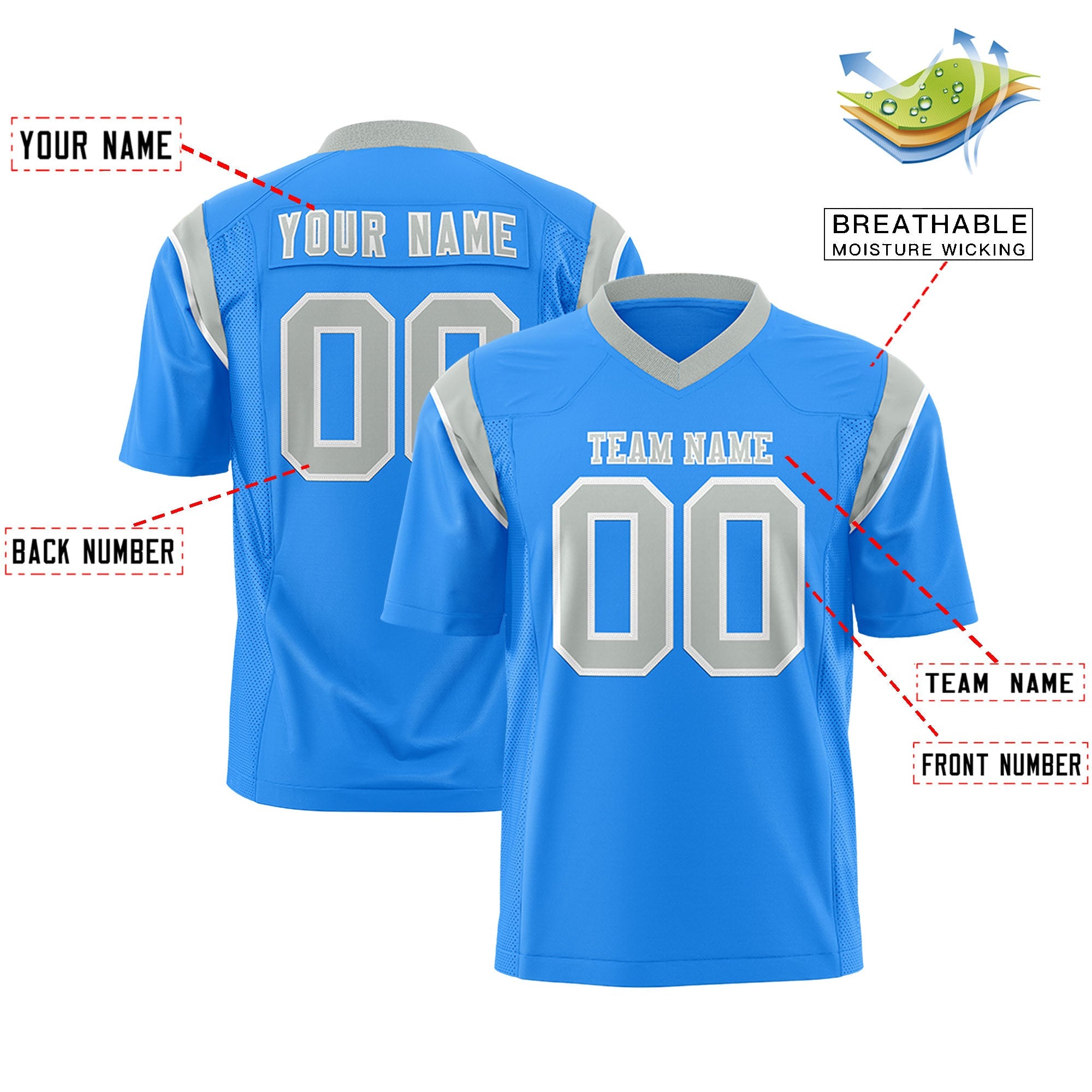 Custom Flag Football Jersey | Powder Blue Gray Color Block For Youth & Men | Add Name, Number & Logo | KXKSHOP