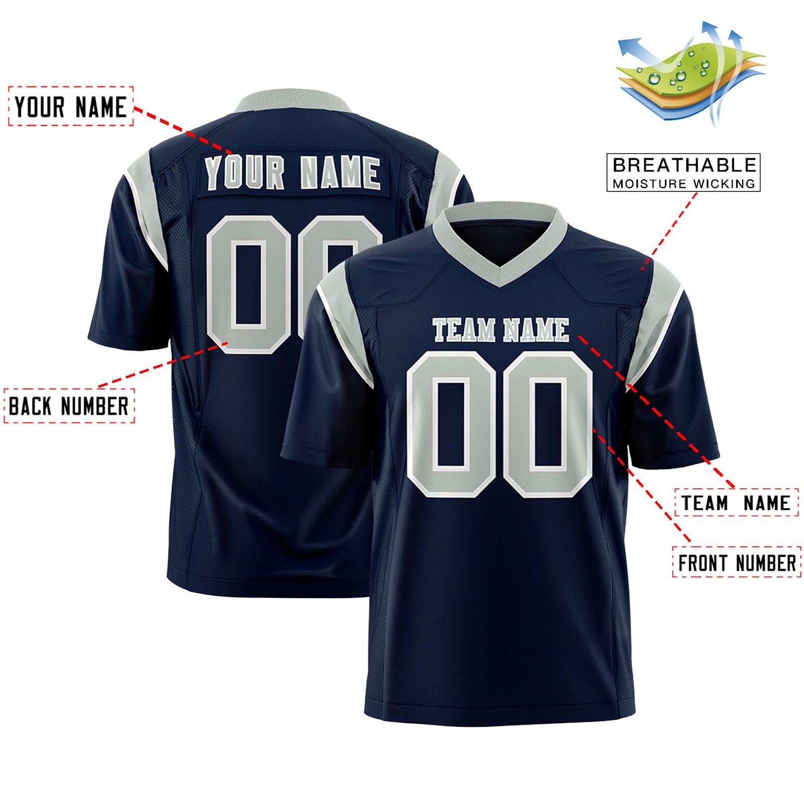 Custom Flag Football Jersey | Navy Gray Color Block For Youth & Men | Add Name, Number & Logo | KXKSHOP