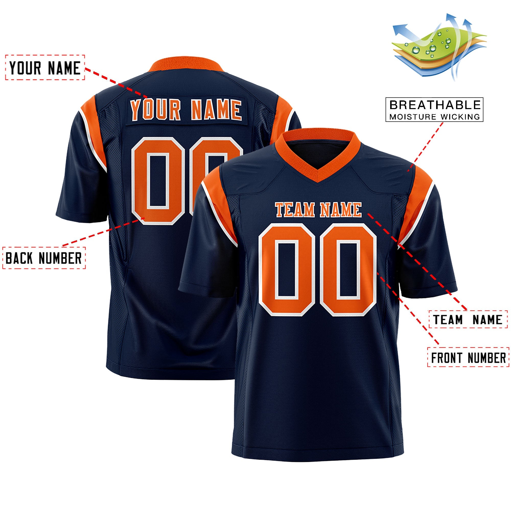 Custom Flag Football Jersey | Navy Orange Color Block For Youth & Men | Add Name, Number & Logo | KXKSHOP