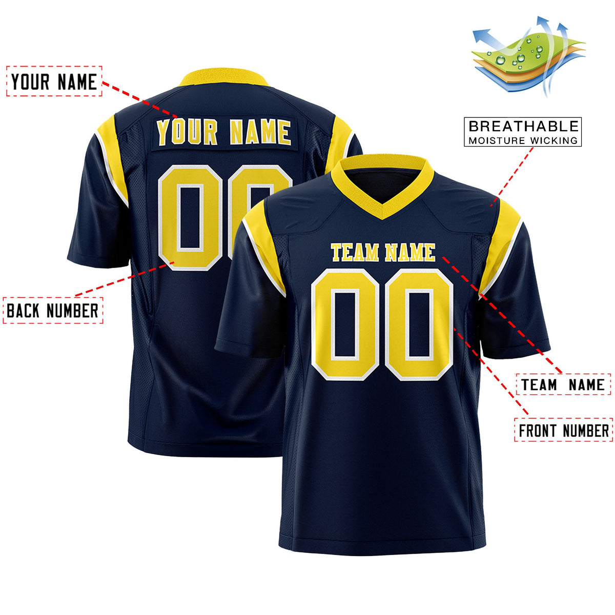 Custom Flag Football Jersey | Navy Gold Color Block For Youth &amp; Men | Add Name, Number &amp; Logo | KXKSHOP