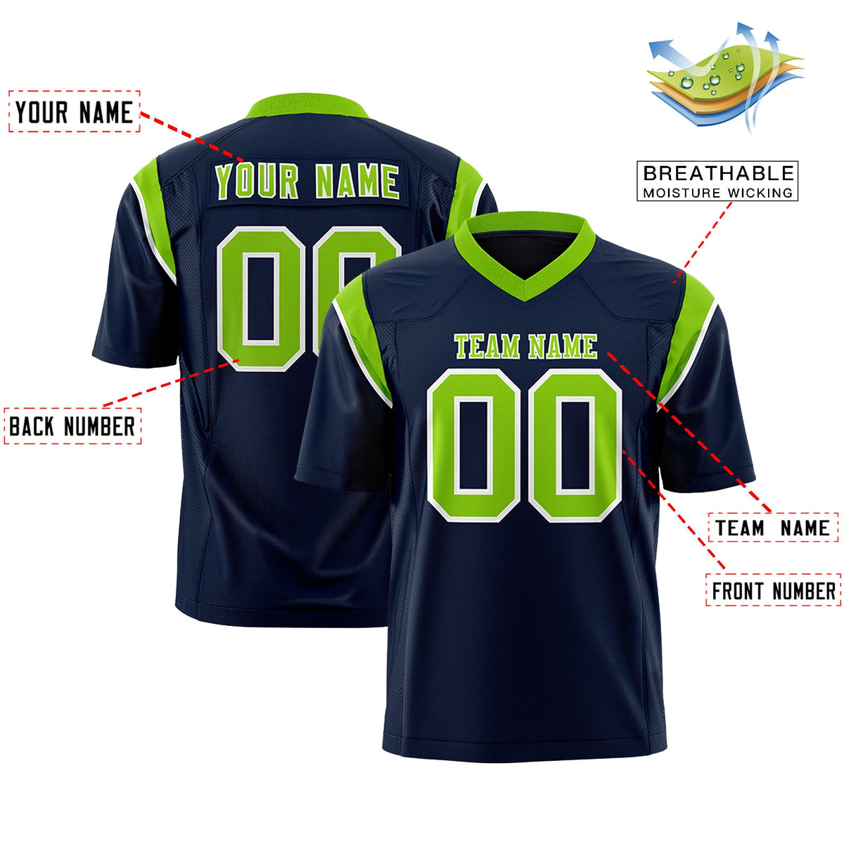 Custom Flag Football Jersey | Navy Neon Green Color Block For Youth &amp; Men | Add Name, Number &amp; Logo | KXKSHOP