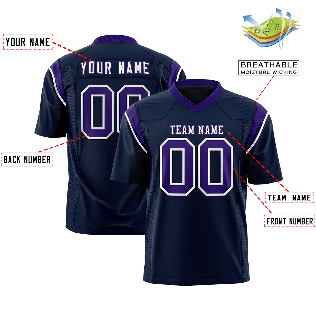 Custom Flag Football Jersey | Navy Purple Color Block For Youth &amp; Men | Add Name, Number &amp; Logo | KXKSHOP