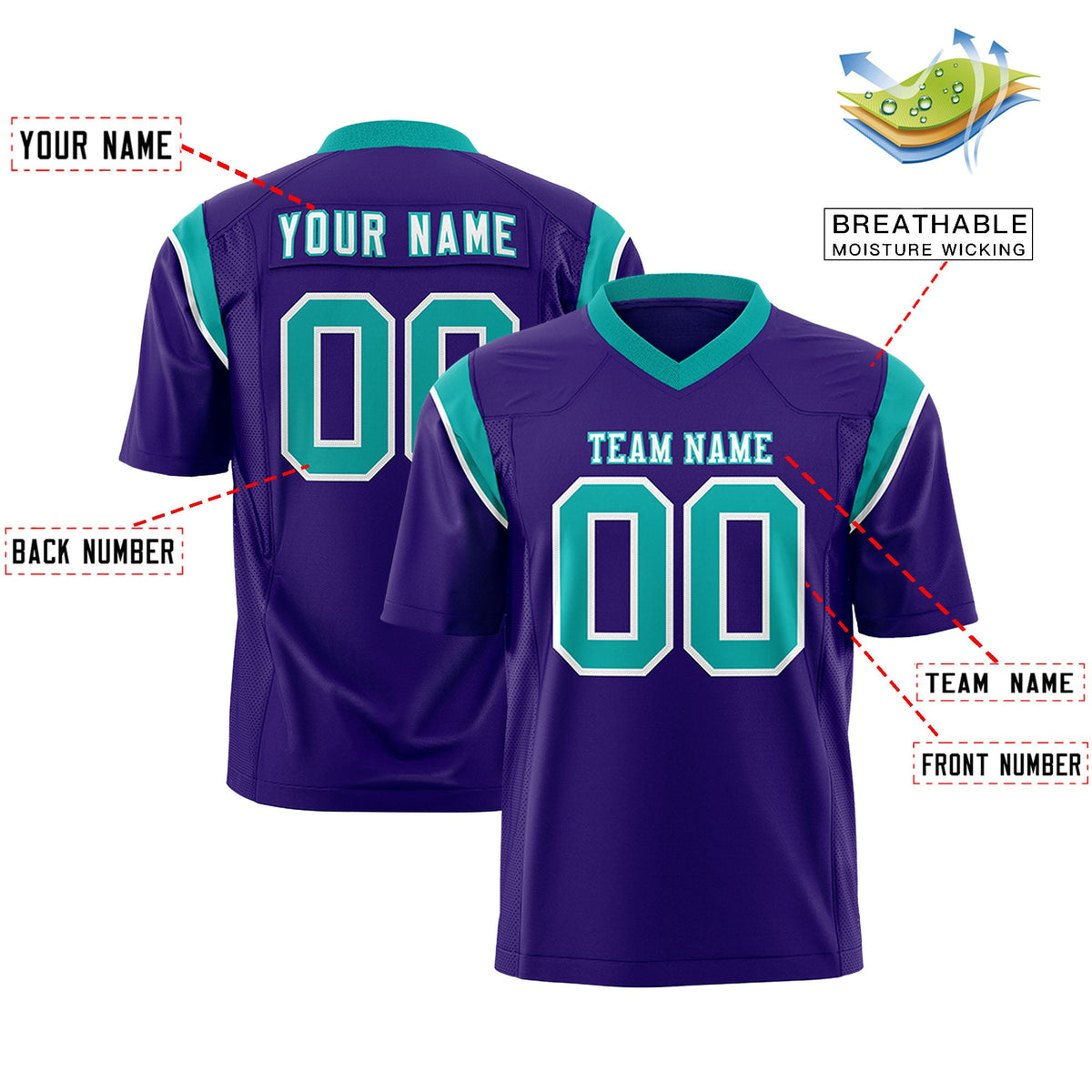 Custom Flag Football Jersey | Purple Aqua Color Block For Youth &amp; Men | Add Name, Number &amp; Logo | KXKSHOP