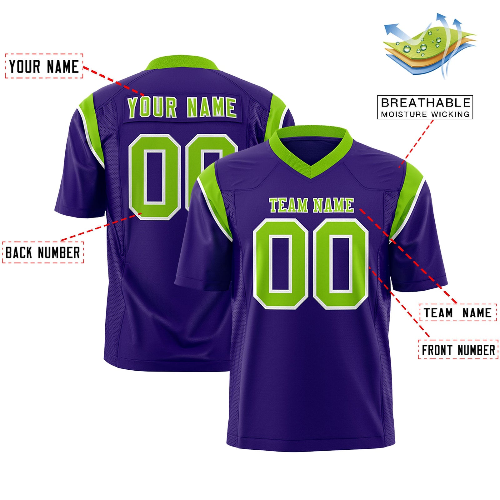 Custom Flag Football Jersey | Purple Neon Green Color Block For Youth & Men | Add Name, Number & Logo | KXKSHOP