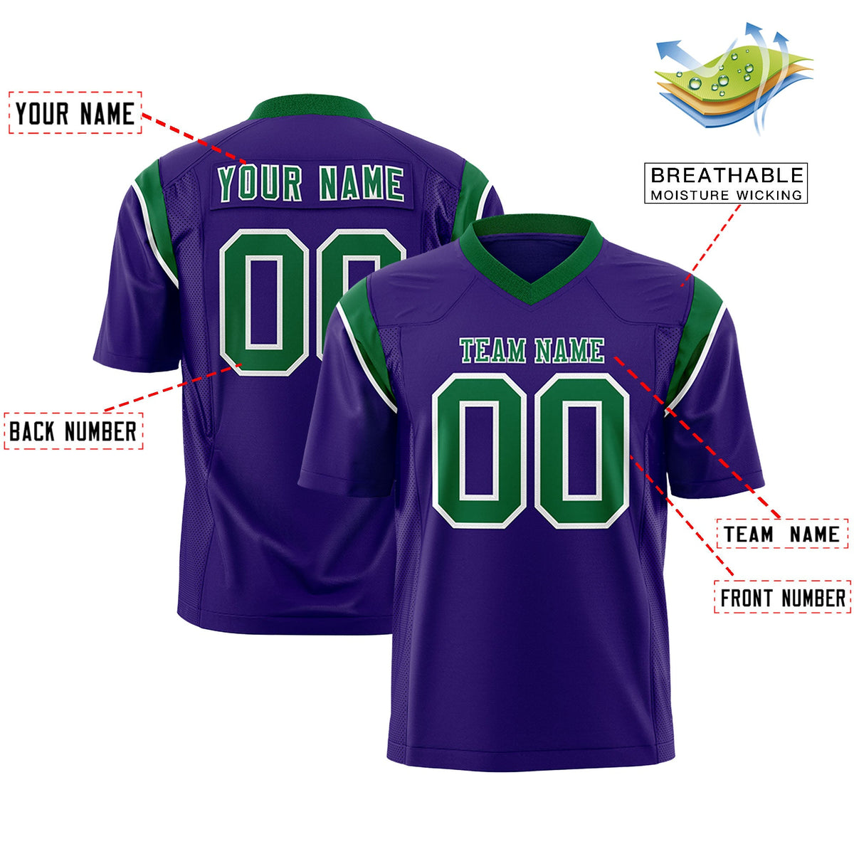 Custom Flag Football Jersey | Purple Kelly Green Color Block For Youth &amp; Men | Add Name, Number &amp; Logo | KXKSHOP