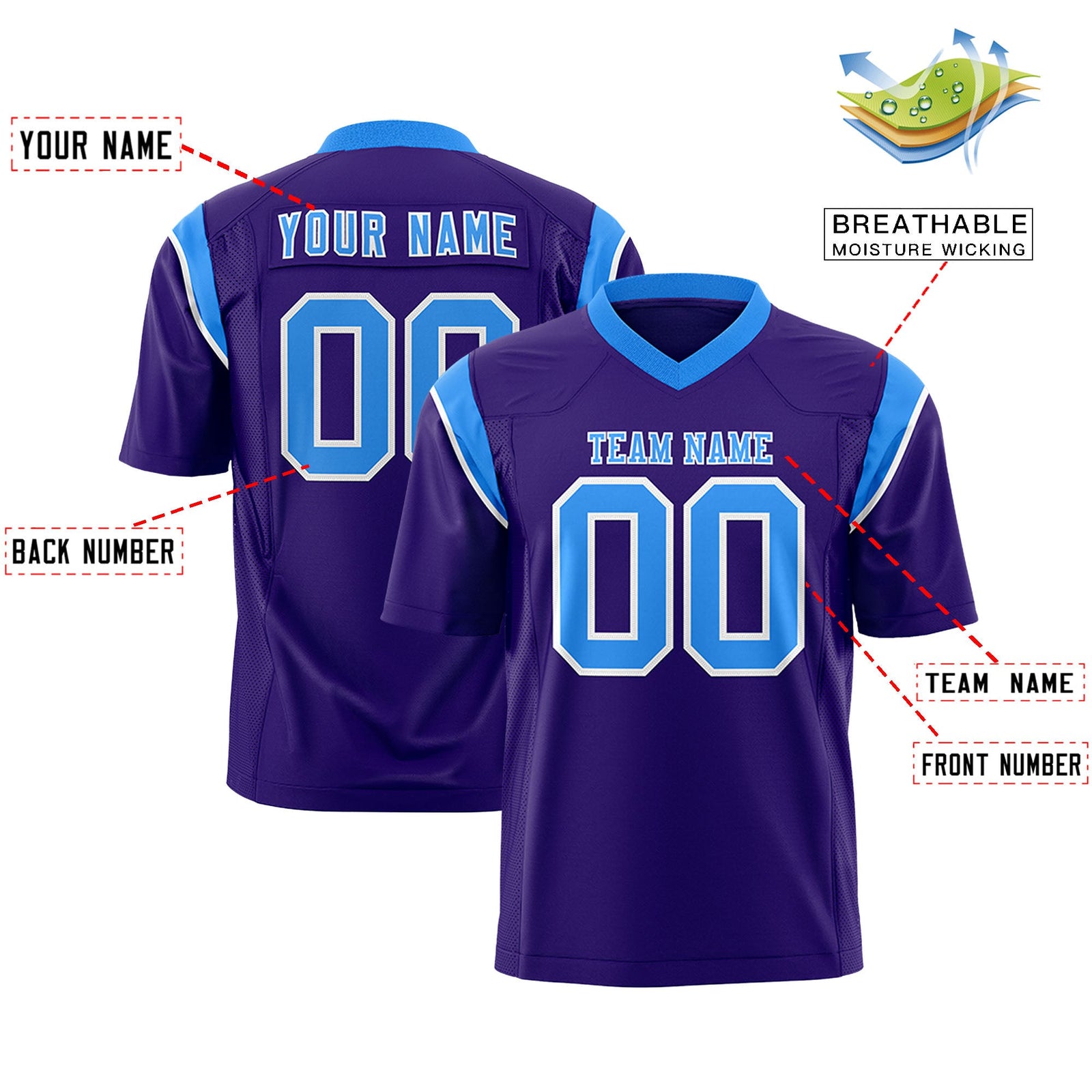Custom Flag Football Jersey | Purple Light Blue Color Block For Youth & Men | Add Name, Number & Logo | KXKSHOP