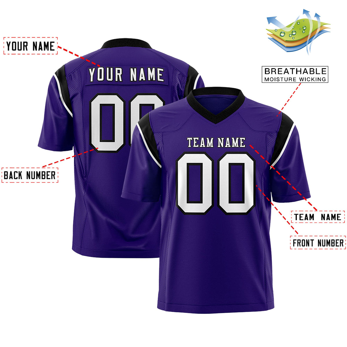 Custom Flag Football Jersey | Purple Black Color Block For Youth &amp; Men | Add Name, Number &amp; Logo | KXKSHOP