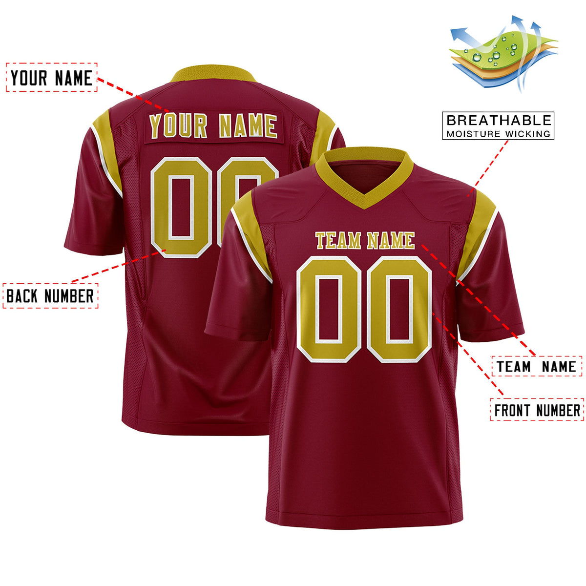 Custom Flag Football Jersey | Cardinal Old Gold Color Block For Youth &amp; Men | Add Name, Number &amp; Logo | KXKSHOP