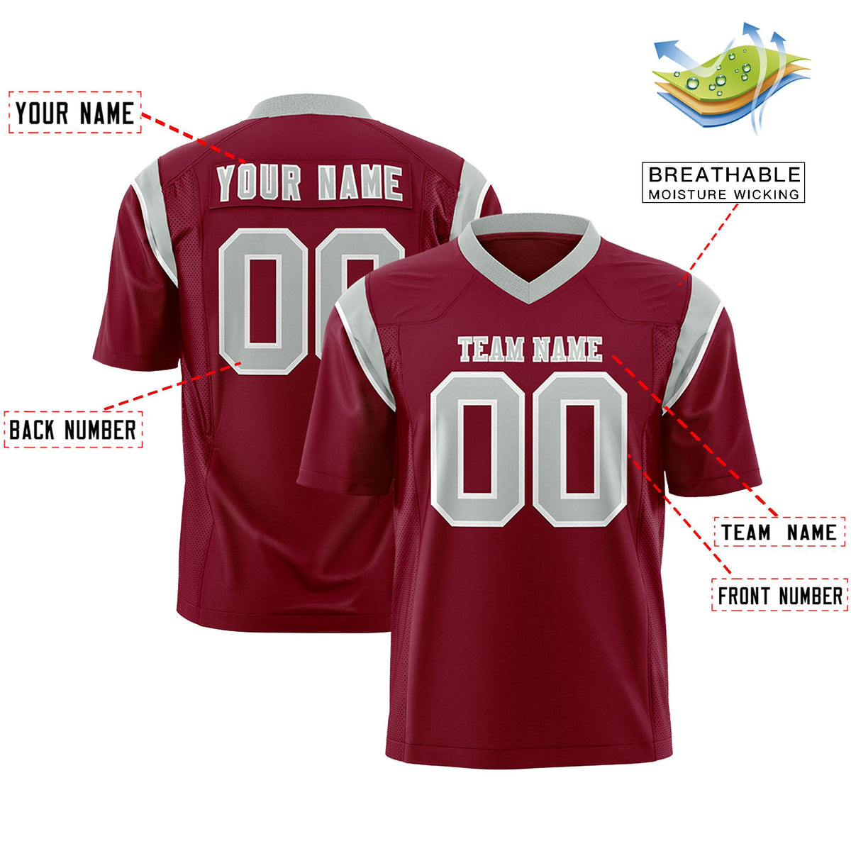 Custom Flag Football Jersey | Cardinal Gray Color Block For Youth &amp; Men | Add Name, Number &amp; Logo | KXKSHOP