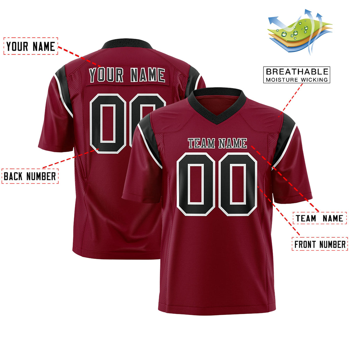 Custom Flag Football Jersey | Cardinal Black Color Block For Youth &amp; Men | Add Name, Number &amp; Logo | KXKSHOP