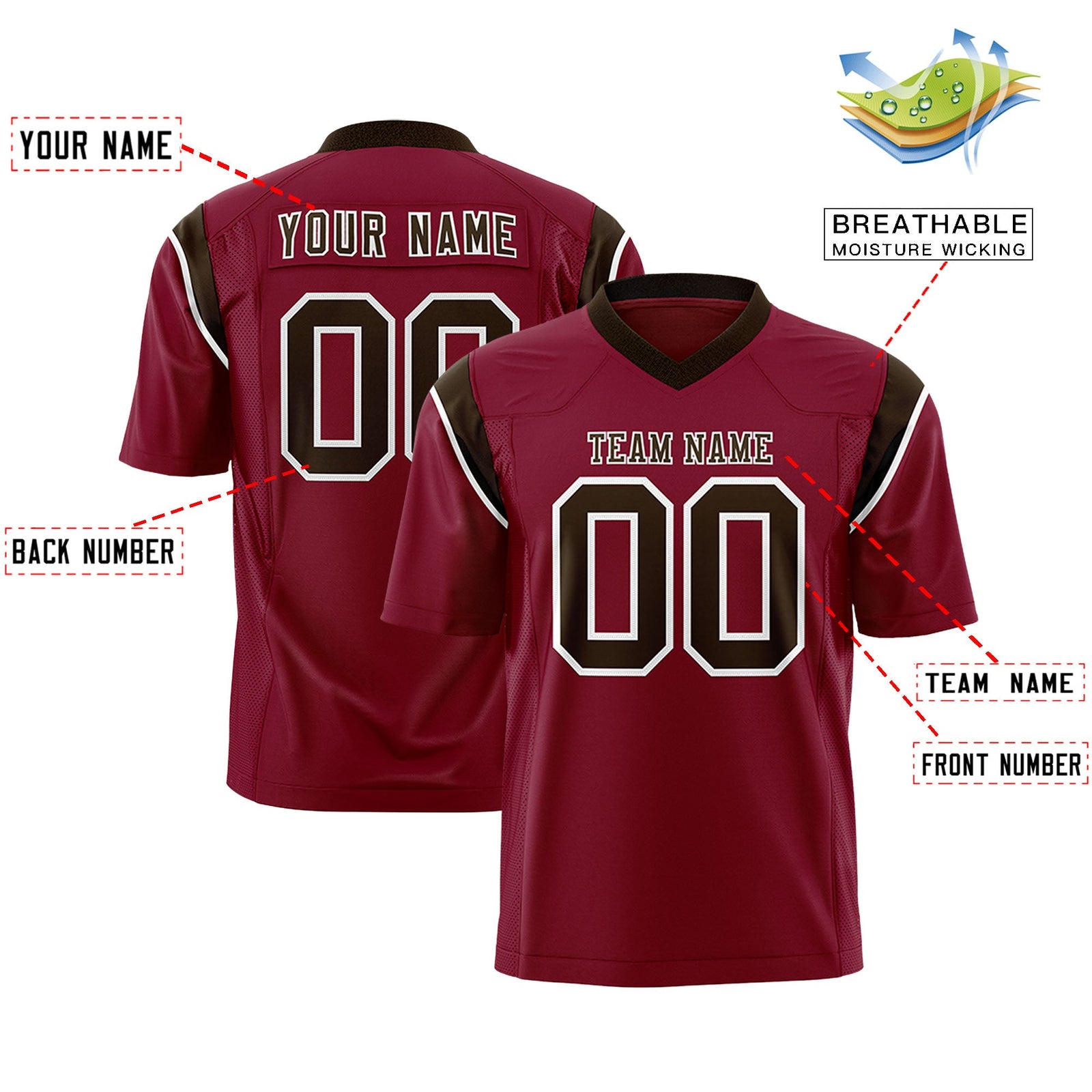 Custom Flag Football Jersey | Cardinal Brown Color Block For Youth & Men | Add Name, Number & Logo | KXKSHOP