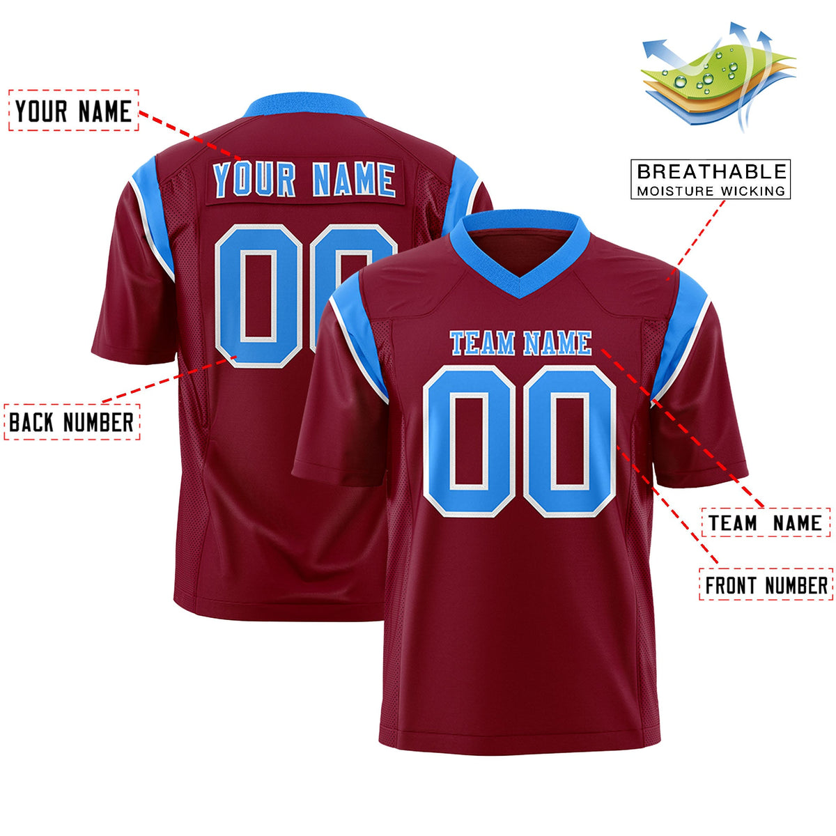 Custom Flag Football Jersey | Cardinal Light Blue Color Block For Youth &amp; Men | Add Name, Number &amp; Logo | KXKSHOP