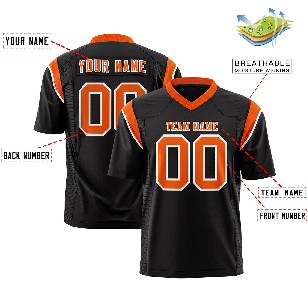 Custom Flag Football Jersey | Black Orange Color Block For Youth &amp; Men | Add Name, Number &amp; Logo | KXKSHOP