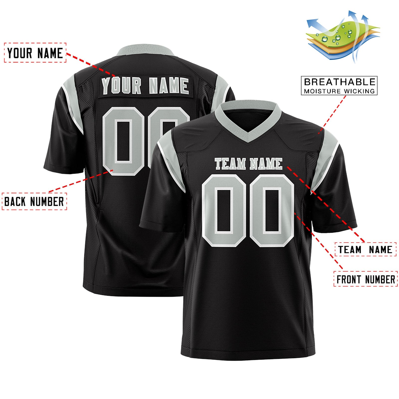 Custom Flag Football Jersey | Black Gray Color Block For Youth & Men | Add Name, Number & Logo | KXKSHOP