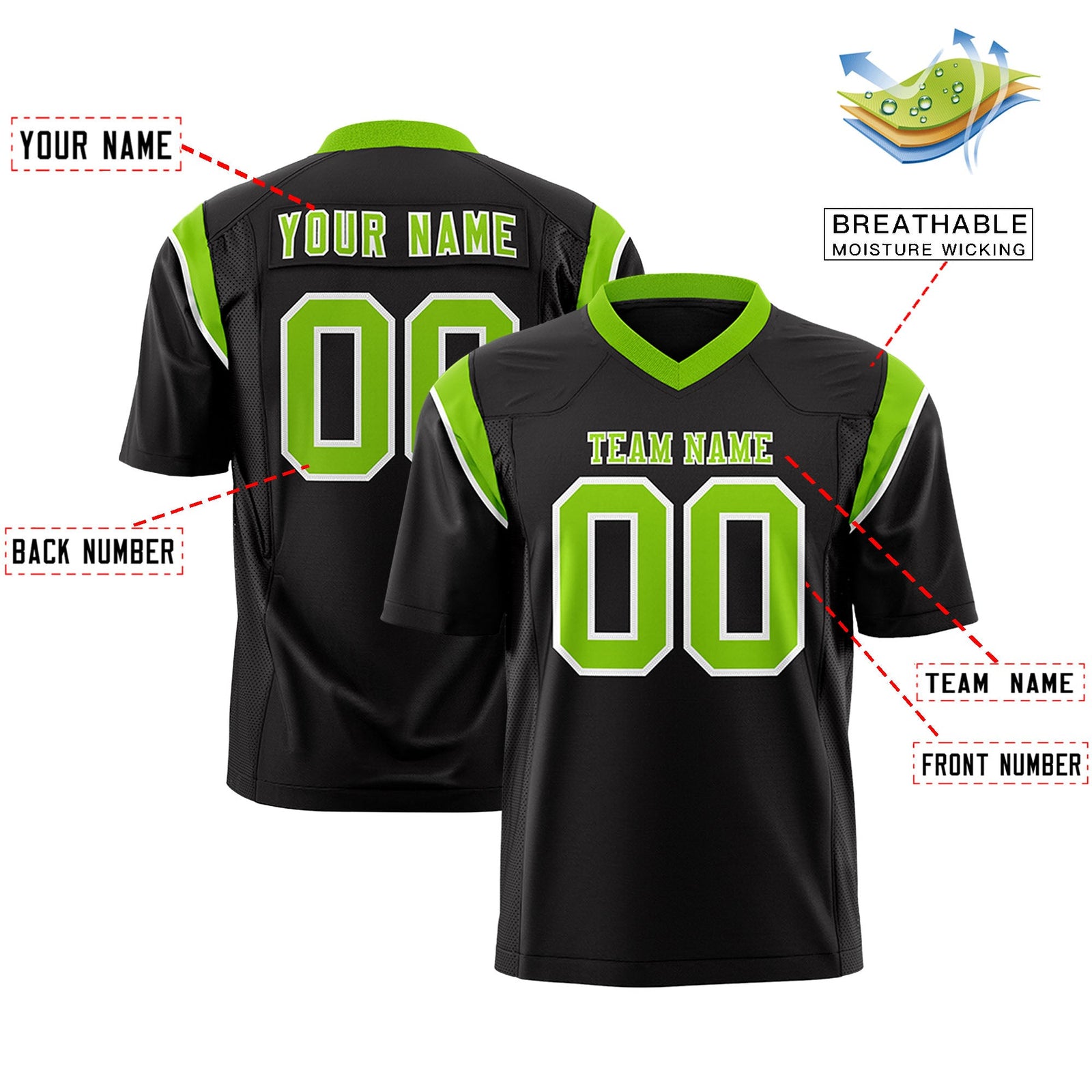 Custom Flag Football Jersey | Black Neon Green Color Block For Youth & Men | Add Name, Number & Logo | KXKSHOP