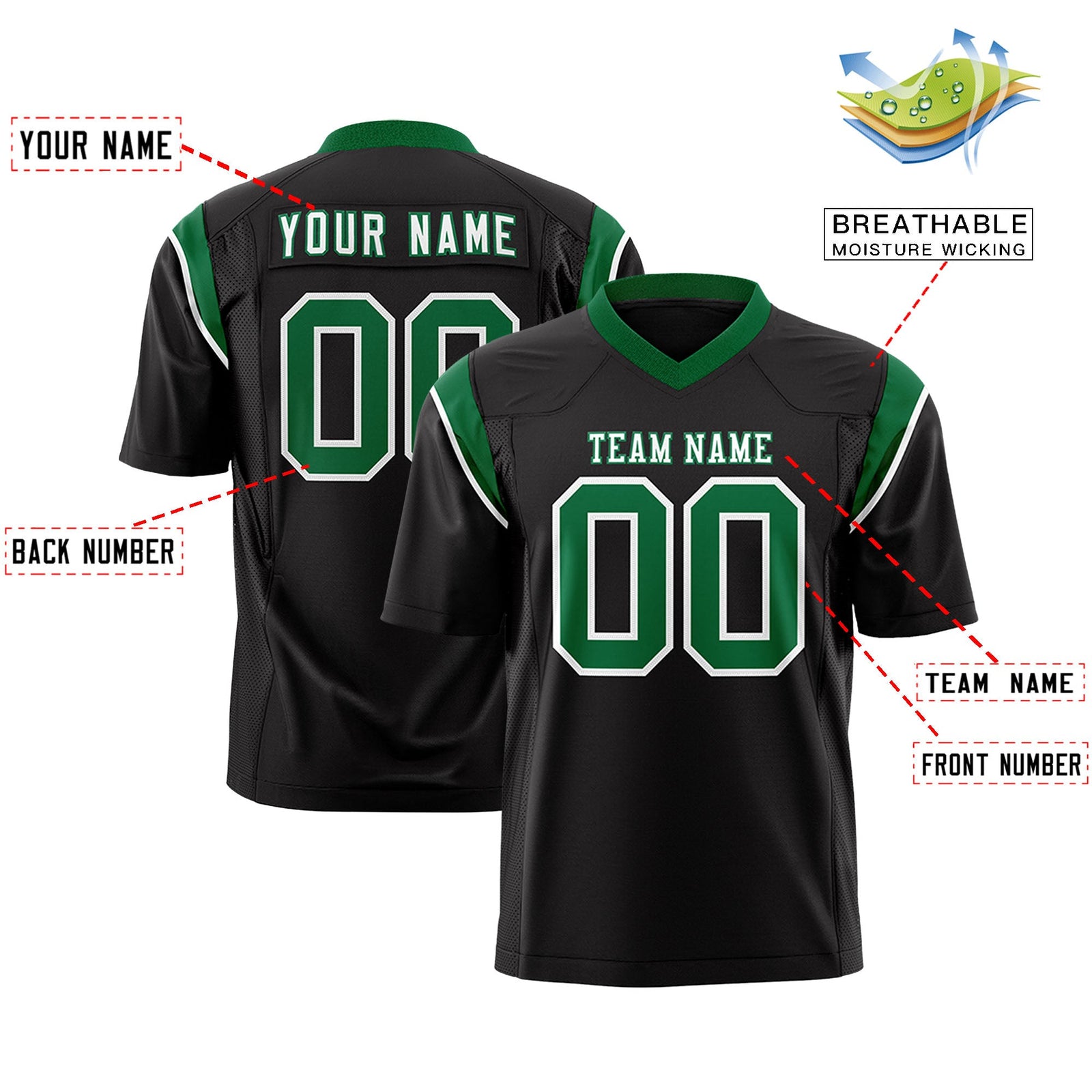 Custom Flag Football Jersey | Black Kelly Green Color Block For Youth & Men | Add Name, Number & Logo | KXKSHOP