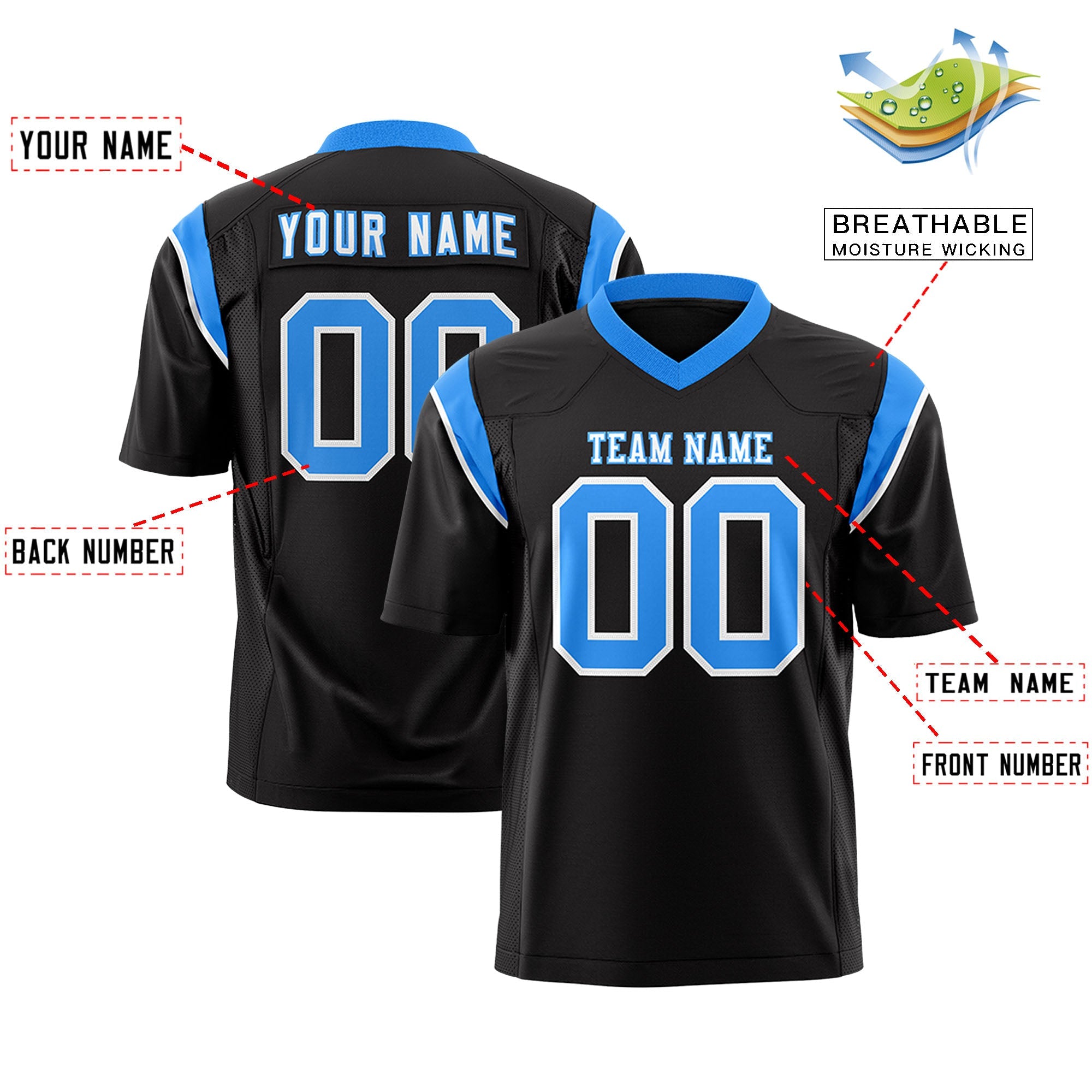 Custom Flag Football Jersey | Black Light Blue Color Block For Youth & Men | Add Name, Number & Logo | KXKSHOP