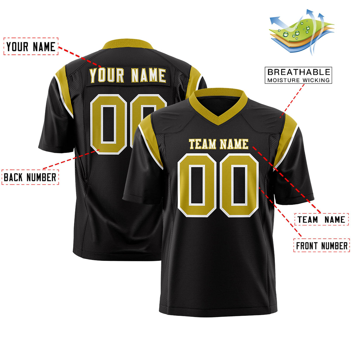 Custom Flag Football Jersey | Black Old Gold Color Block For Youth &amp; Men | Add Name, Number &amp; Logo | KXKSHOP
