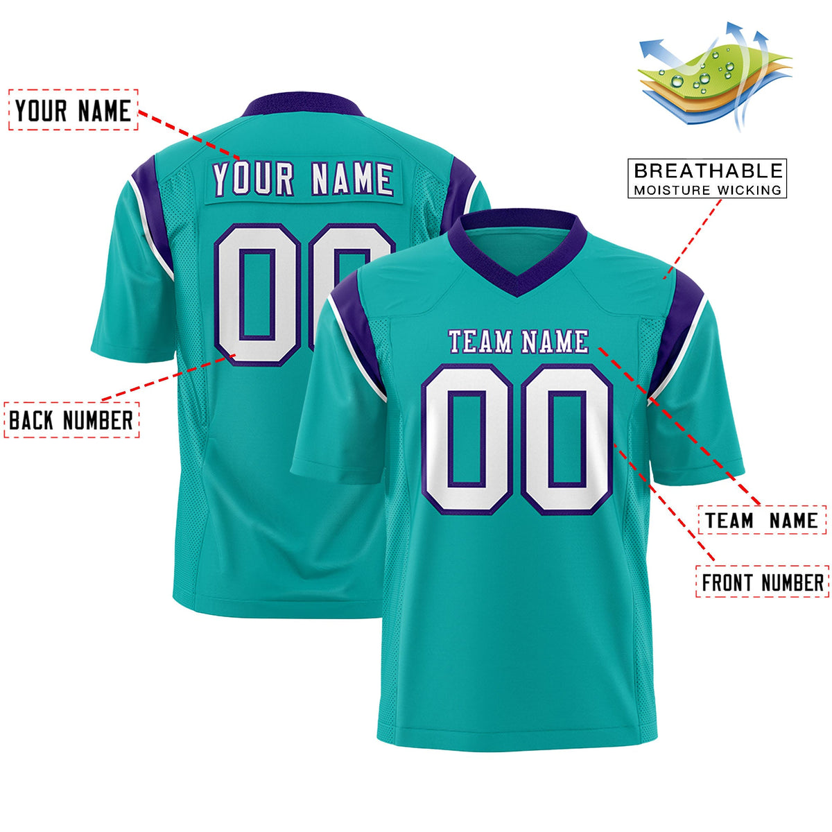 Custom Flag Football Jersey | Aqua Purple Color Block For Youth &amp; Men | Add Name, Number &amp; Logo | KXKSHOP