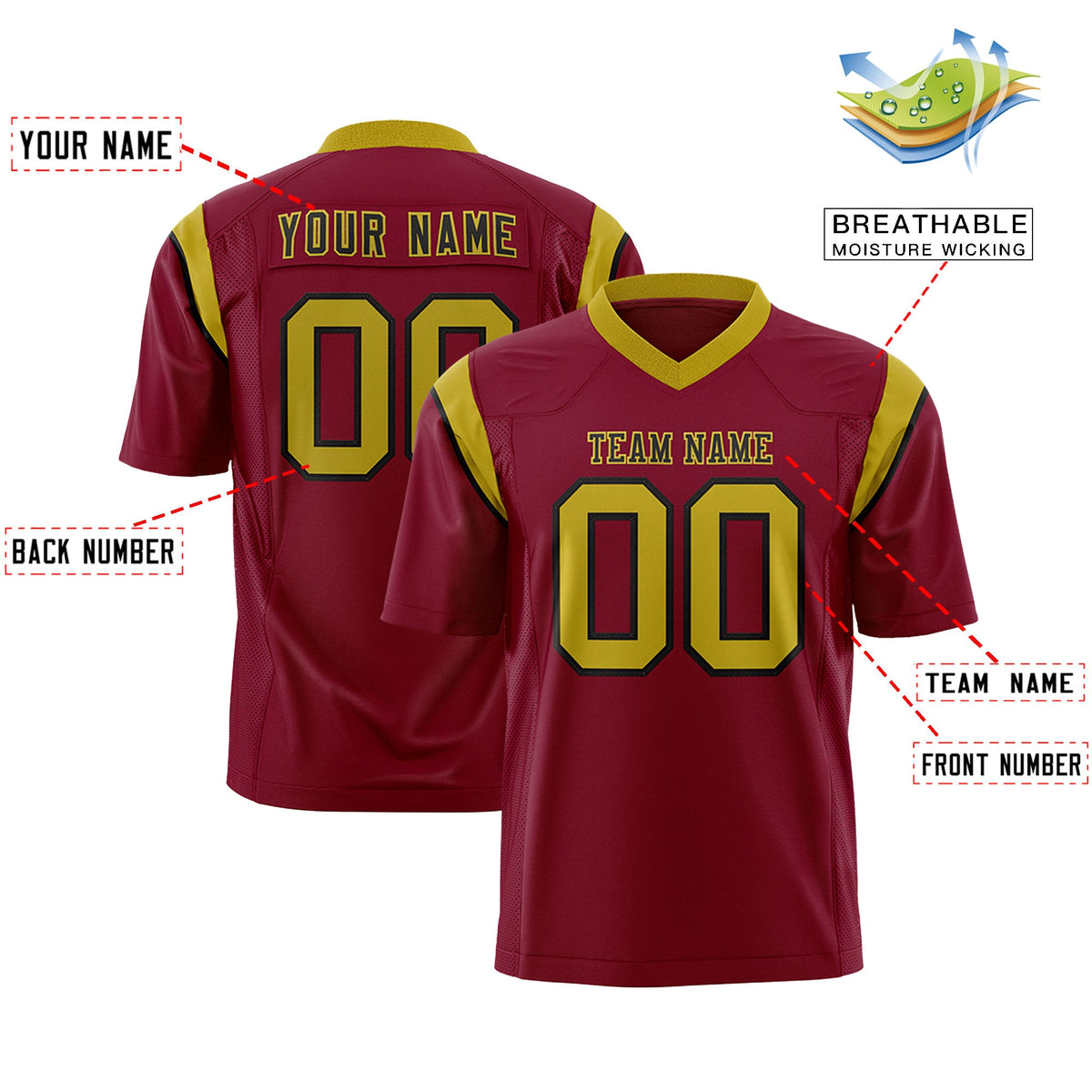 Custom Flag Football Jersey | Cardinal Old Gold Color Block For Youth &amp; Men | Add Name, Number &amp; Logo | KXKSHOP