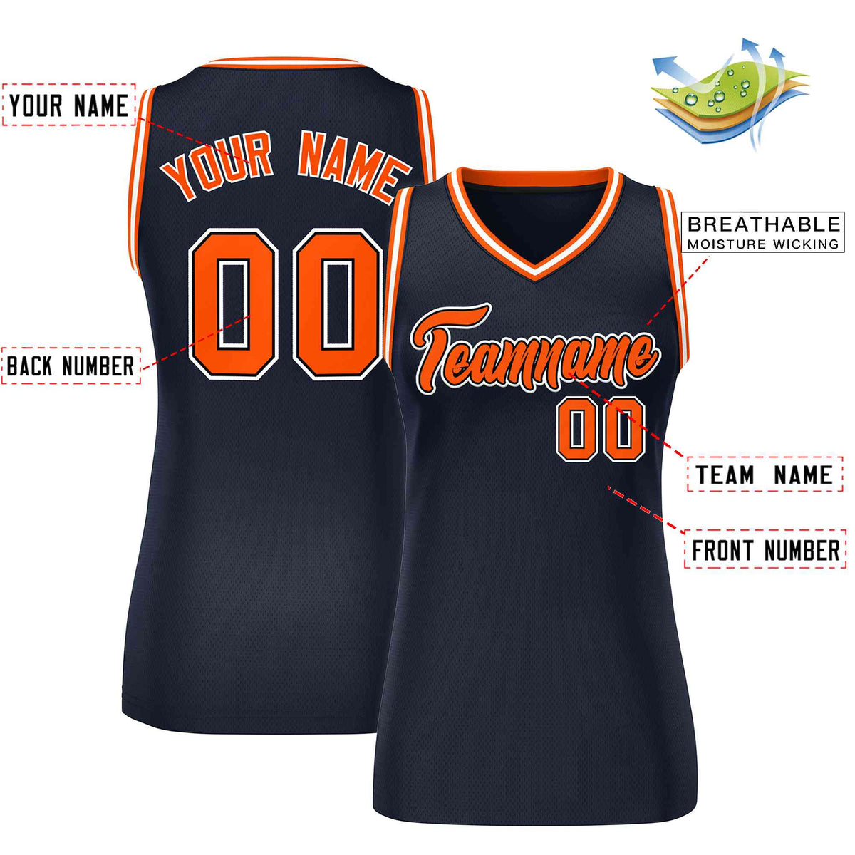 Custom Navy Blue Orange-White Classic Tops Mesh Basketball Jersey for Women