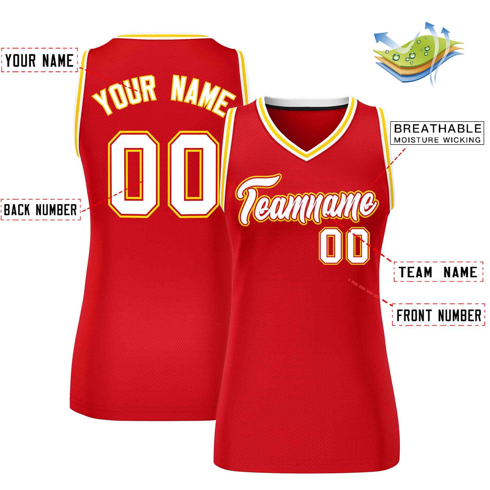 Custom Red White-Gold Classic Tops Mesh Basketball Jersey for Women