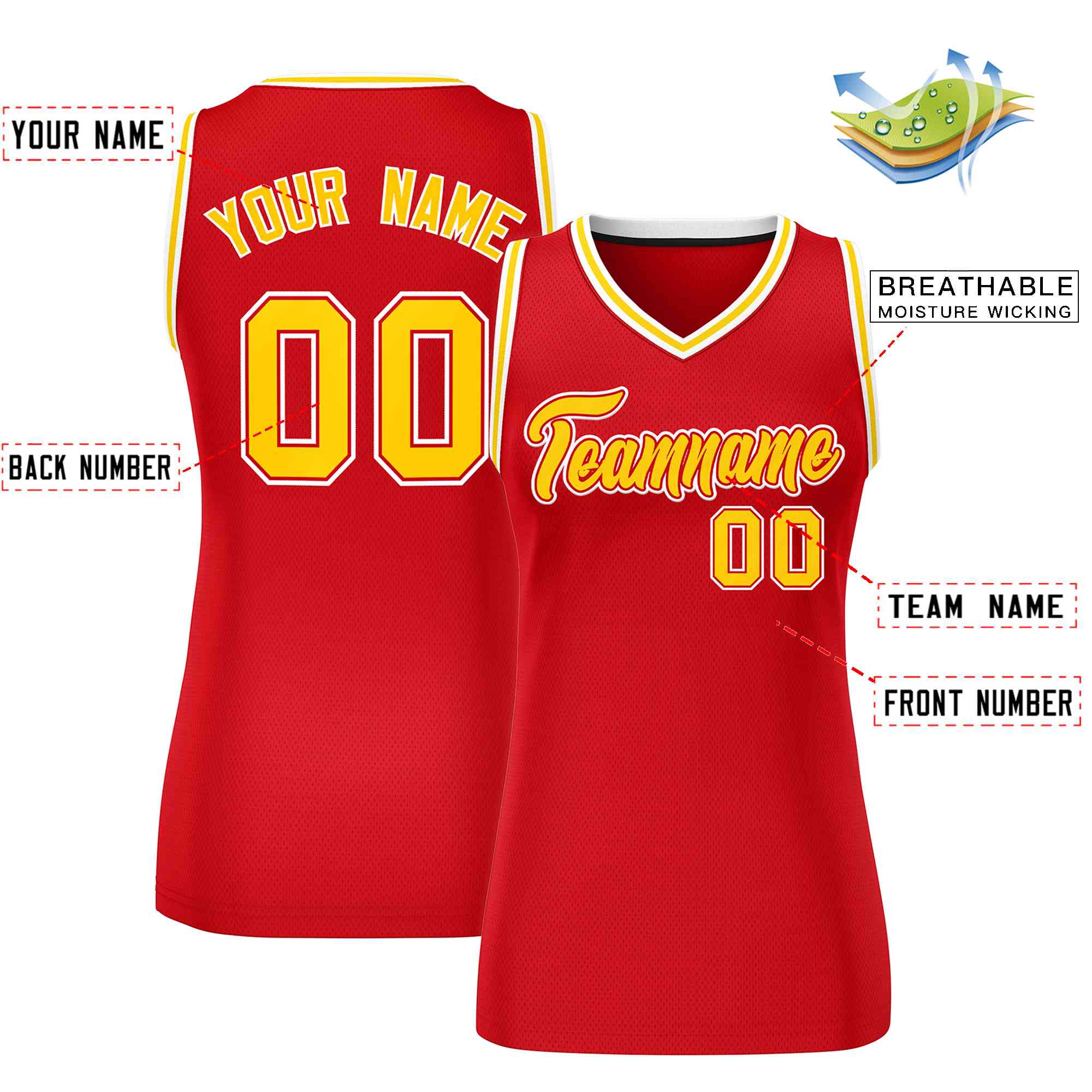 Custom Red Gold-White Classic Tops Mesh Basketball Jersey for Women