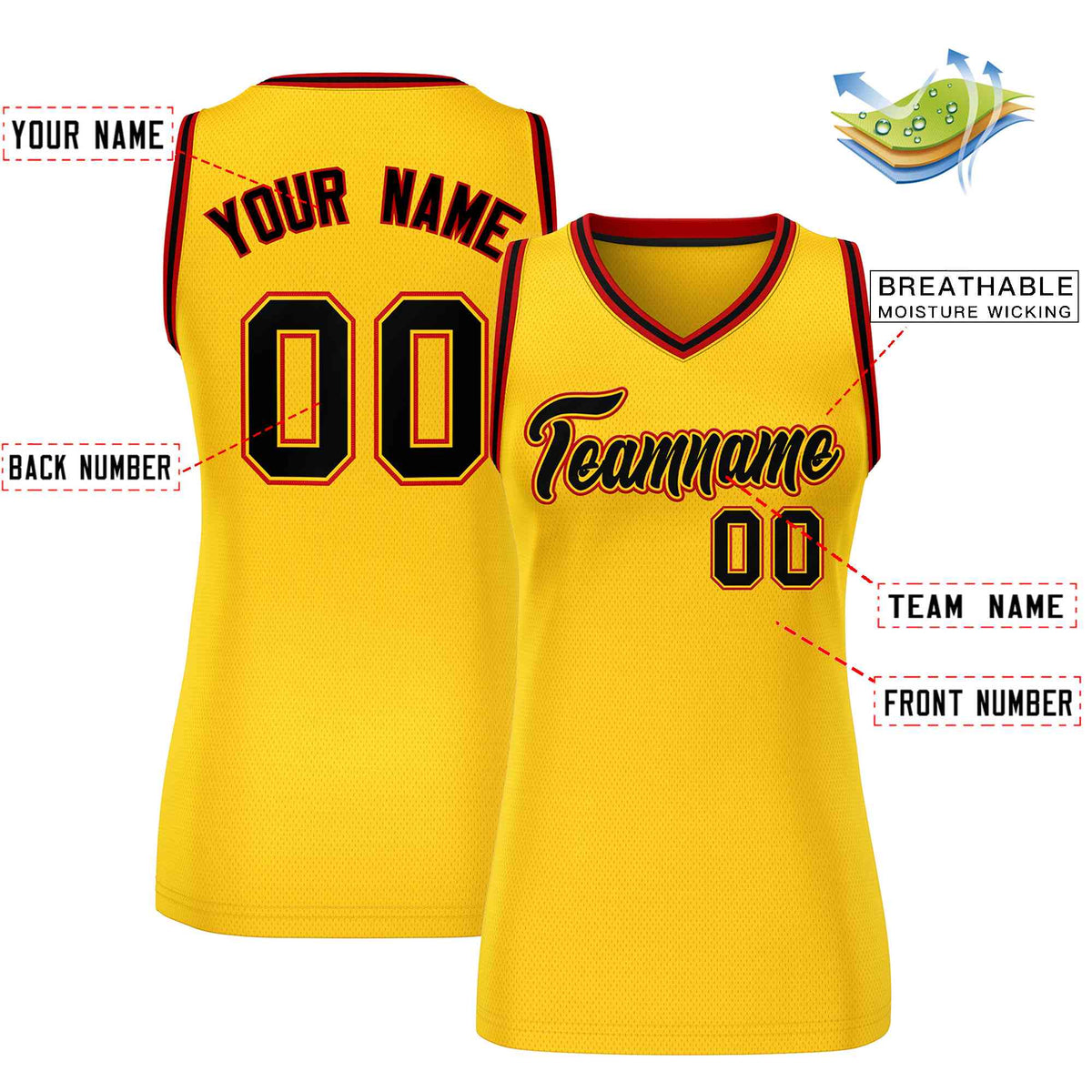 Custom Yellow Black-Red Classic Tops Mesh Basketball Jersey for Women