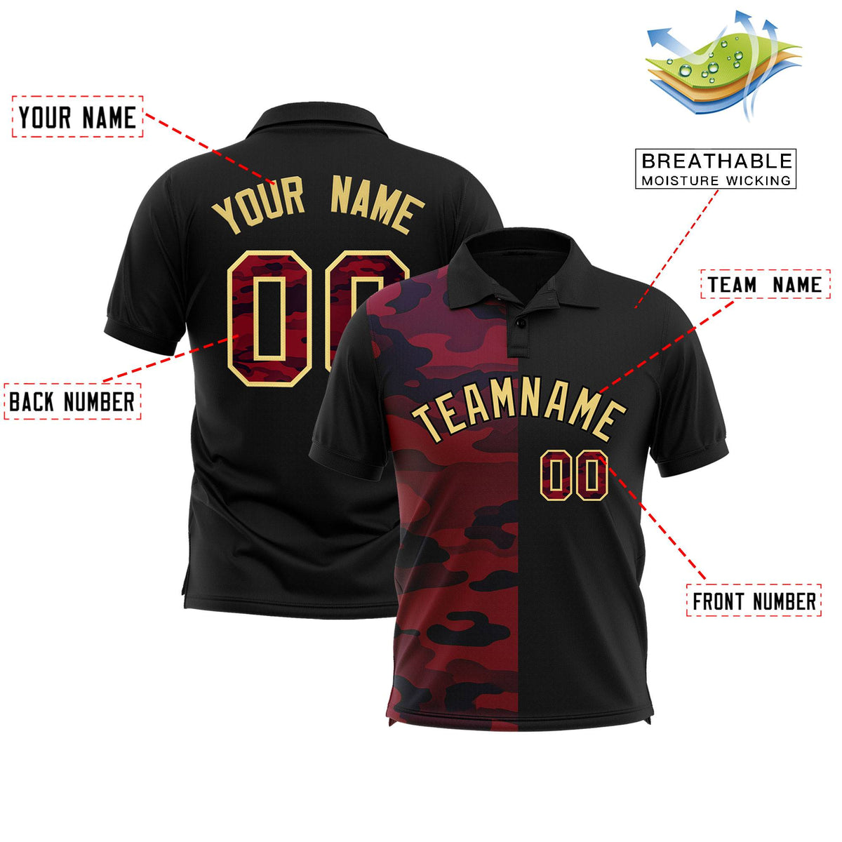 Custom Black Camo Split Fashion Authentic Performance Polo Shirt