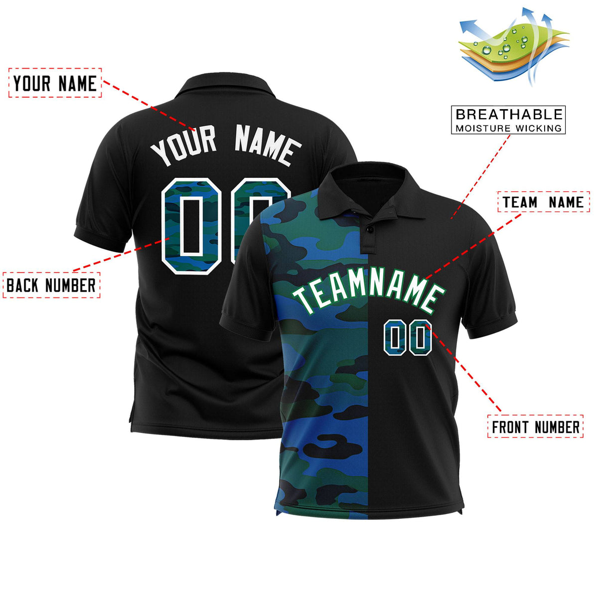 Custom Black Camo Split Fashion Authentic Performance Polo Shirt