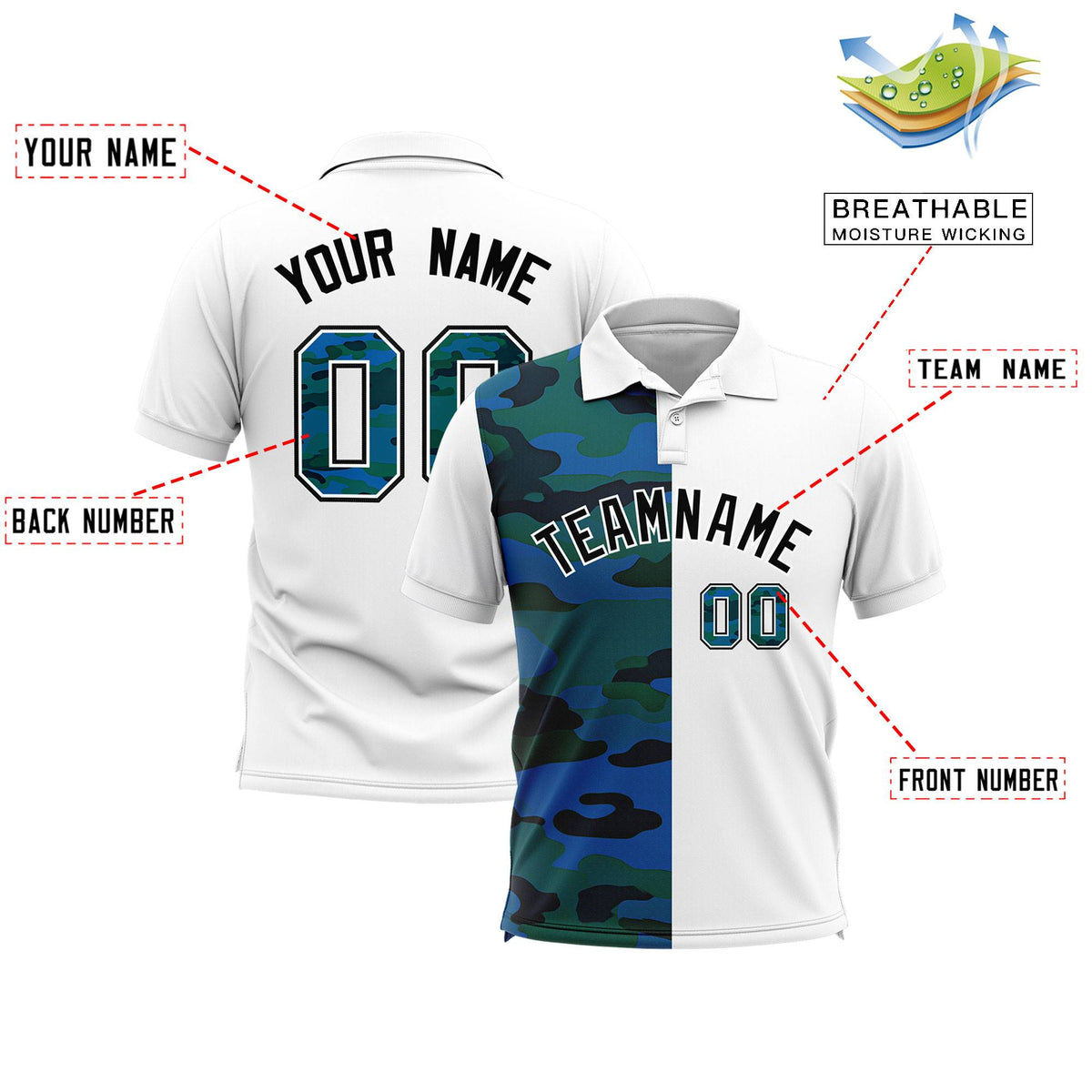 Custom White Camo Split Fashion Authentic Performance Polo Shirt