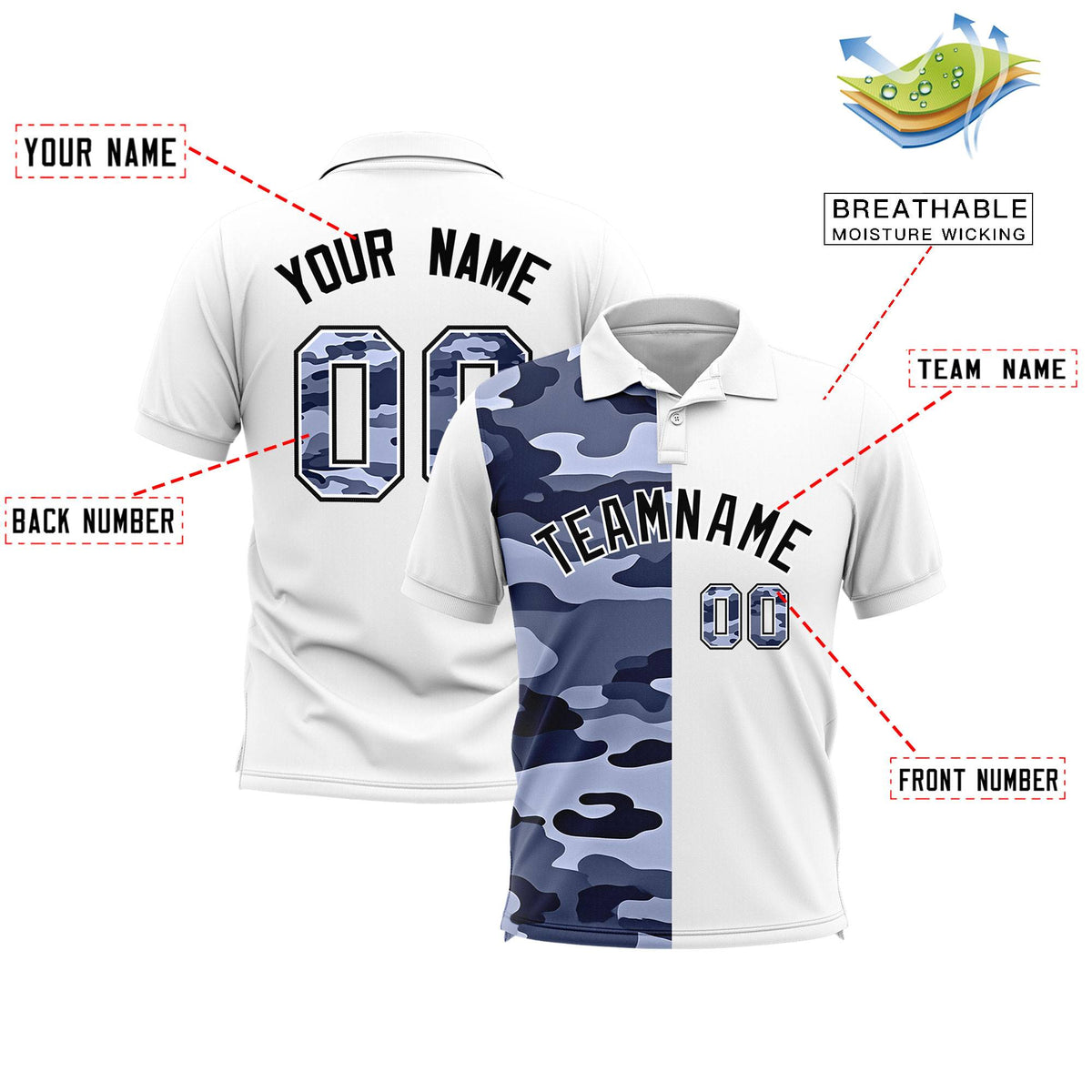 Custom White Camo Split Fashion Authentic Performance Polo Shirt