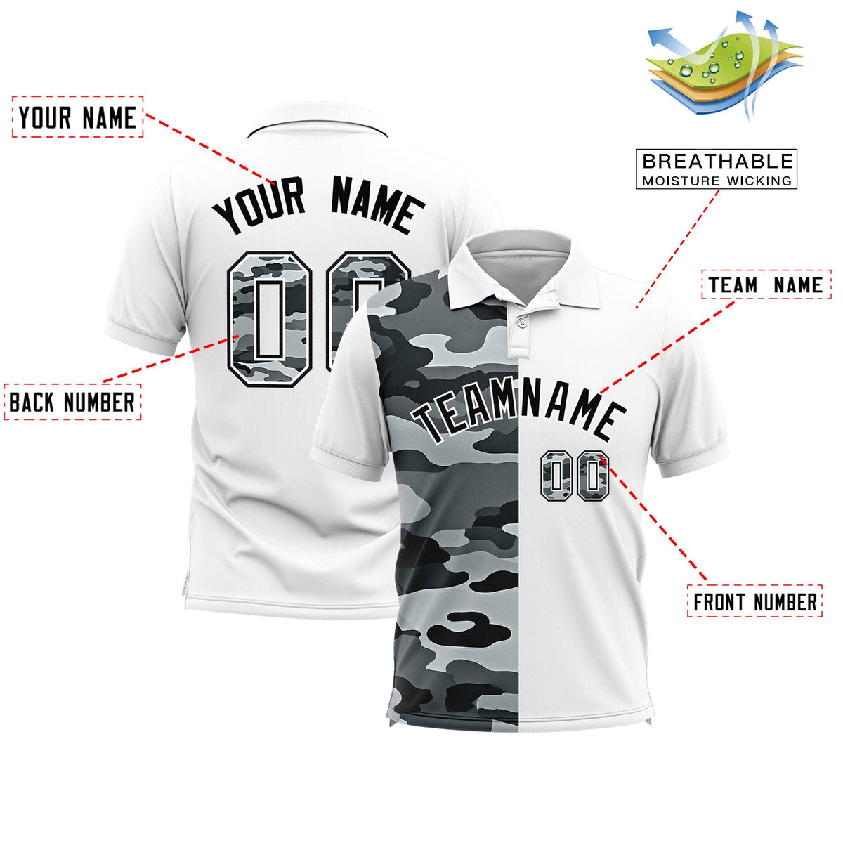 Custom White Camo Split Fashion Authentic Performance Polo Shirt