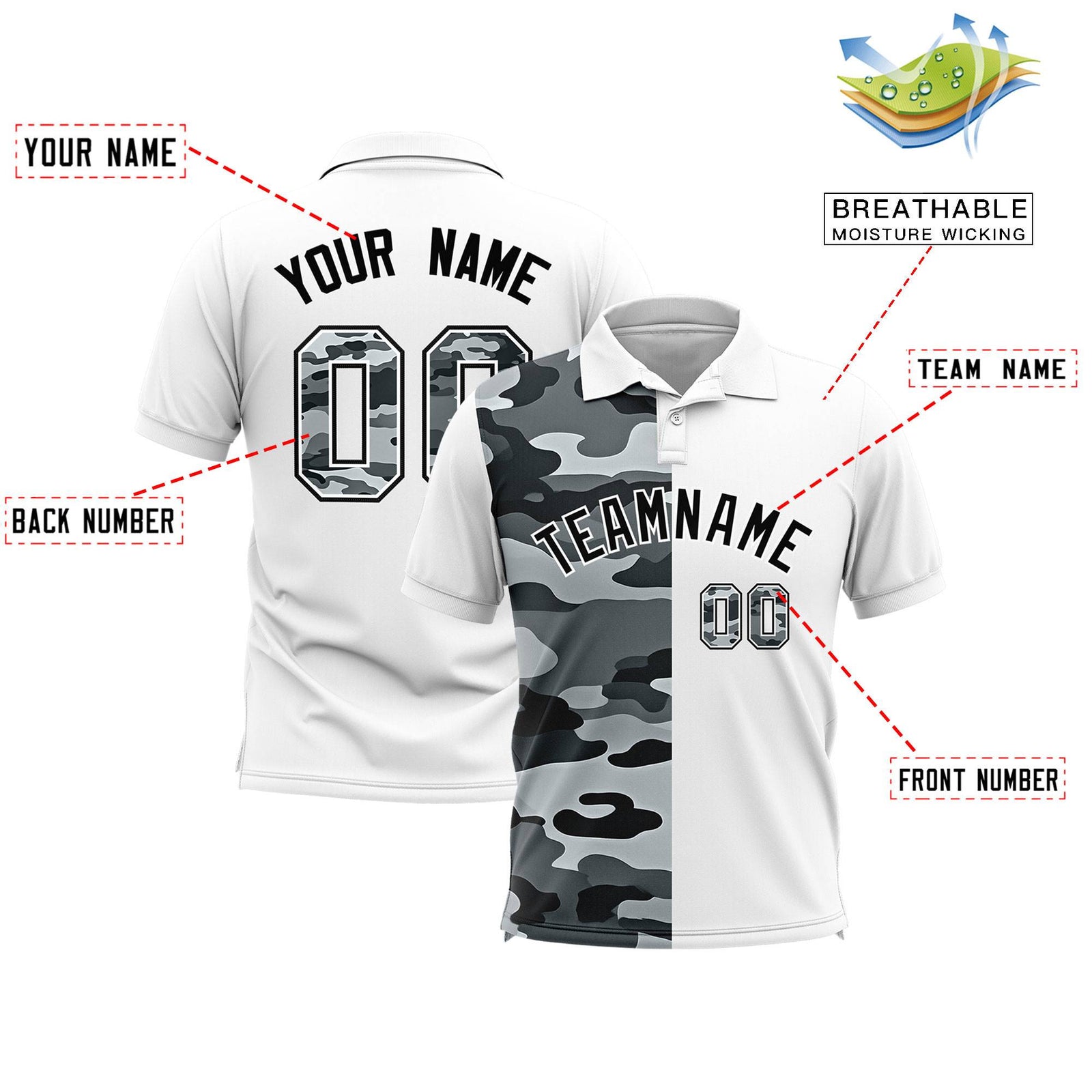 Custom White Camo Split Fashion Authentic Performance Polo Shirt