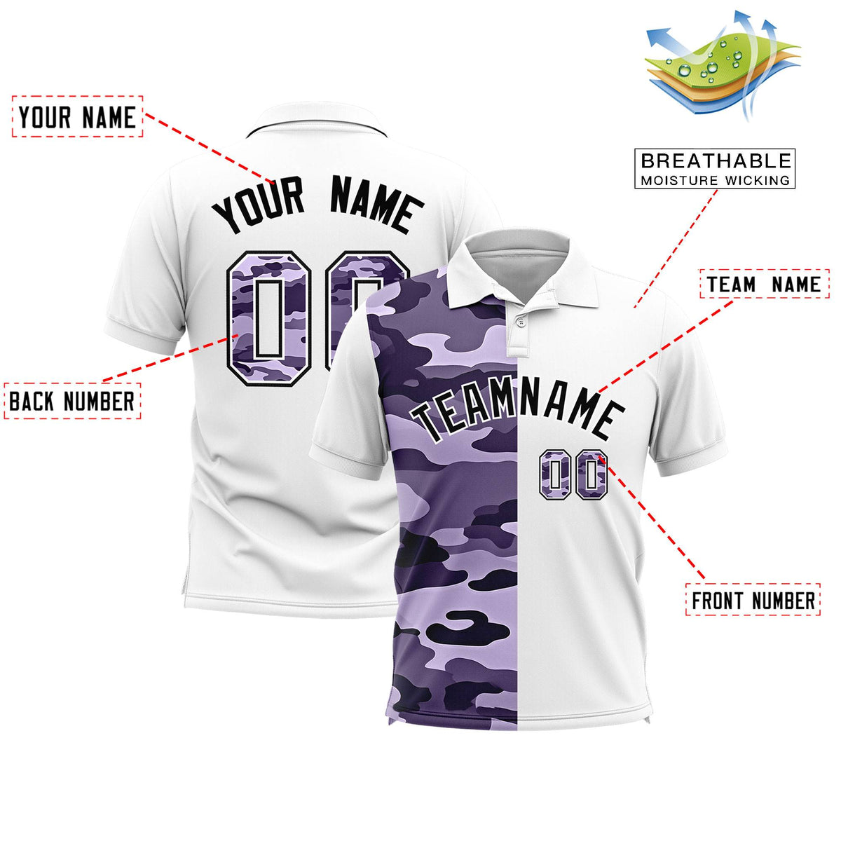 Custom White Camo Split Fashion Authentic Performance Polo Shirt