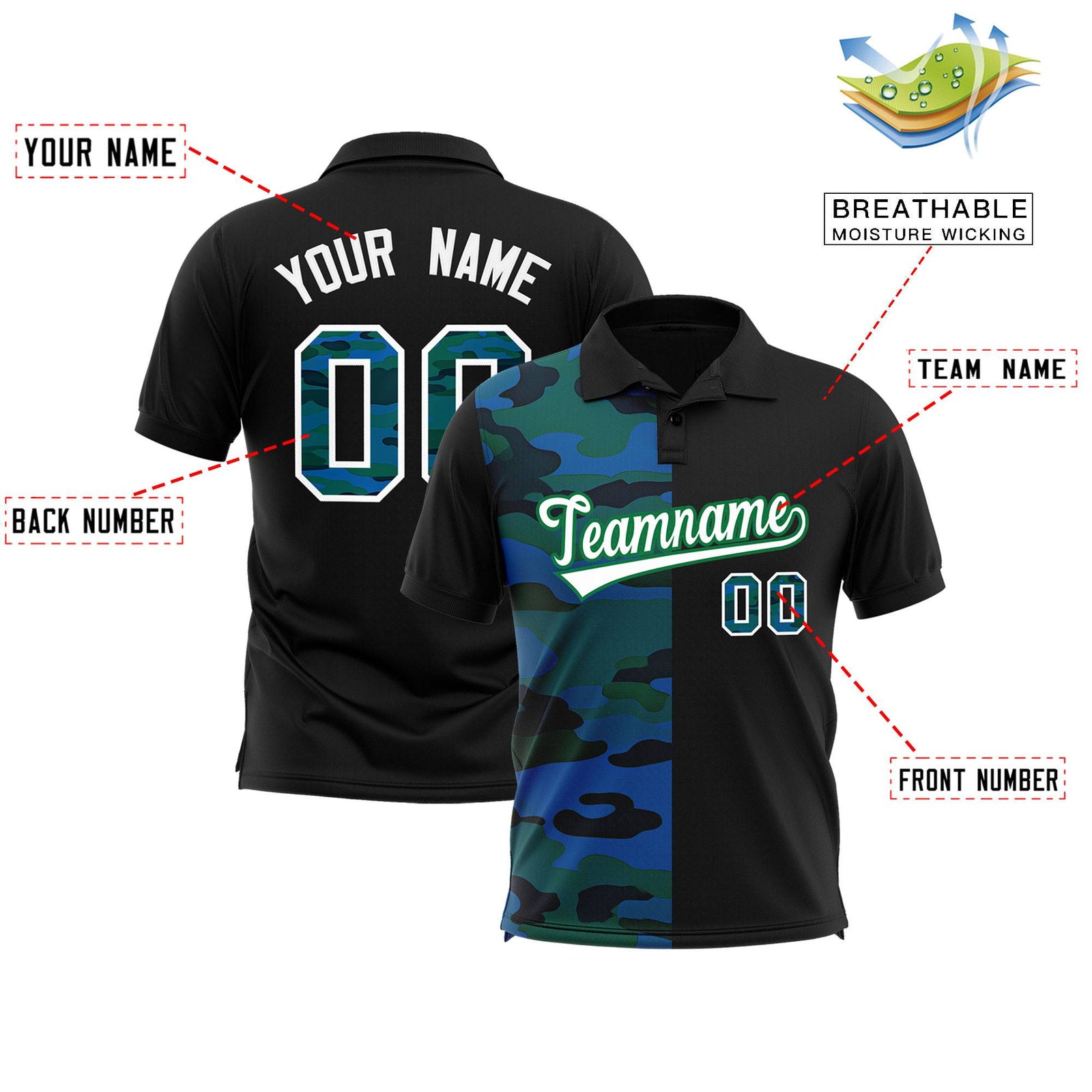 Custom Black Camo Split Fashion Authentic Performance Polo Shirt