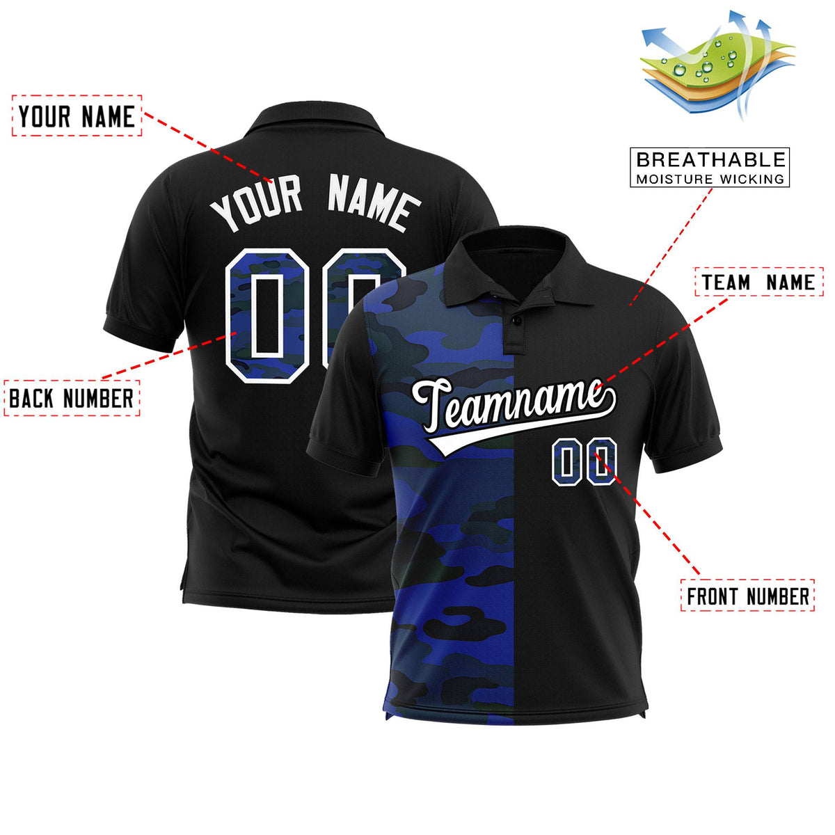 Custom Black Camo Split Fashion Authentic Performance Polo Shirt